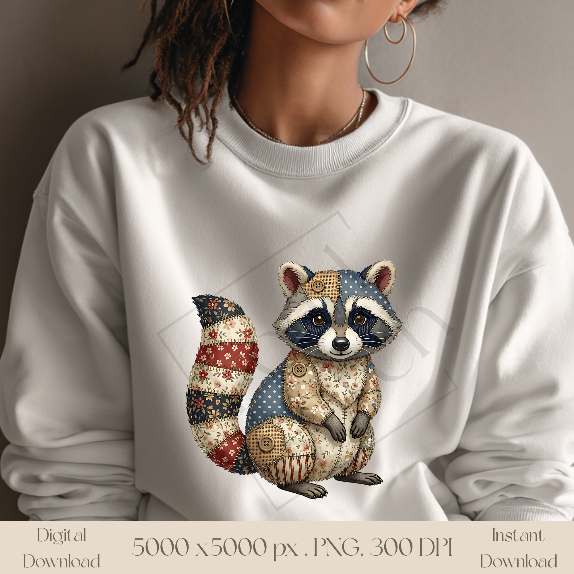 Patchwork Raccoon PNG, Cute Woodland Animal Clipart, Rustic Cottagecore Raccoon Sublimation Design