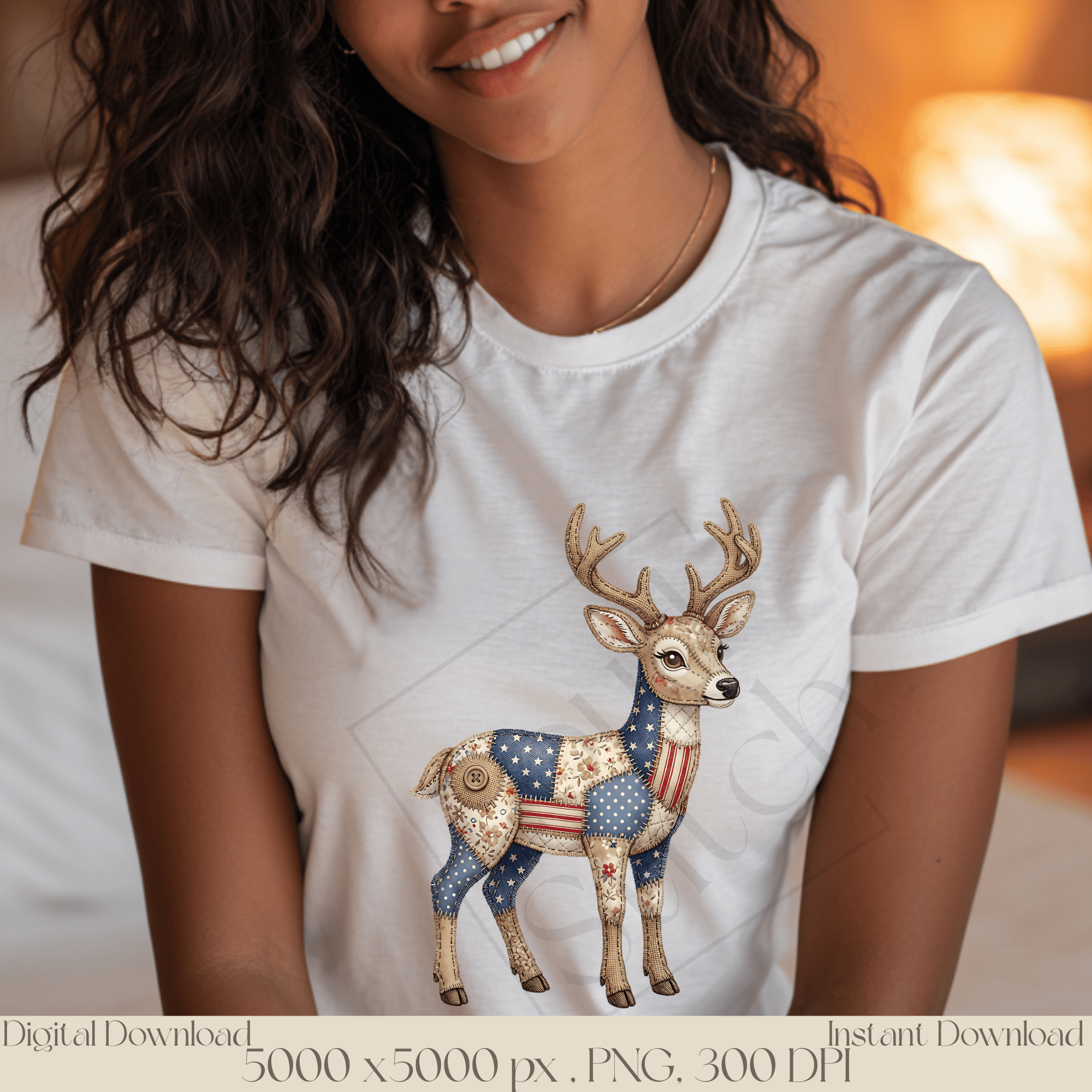 Patchwork Deer PNG, Woodland Deer Clipart, Rustic Cottagecore Animal Sublimation Design