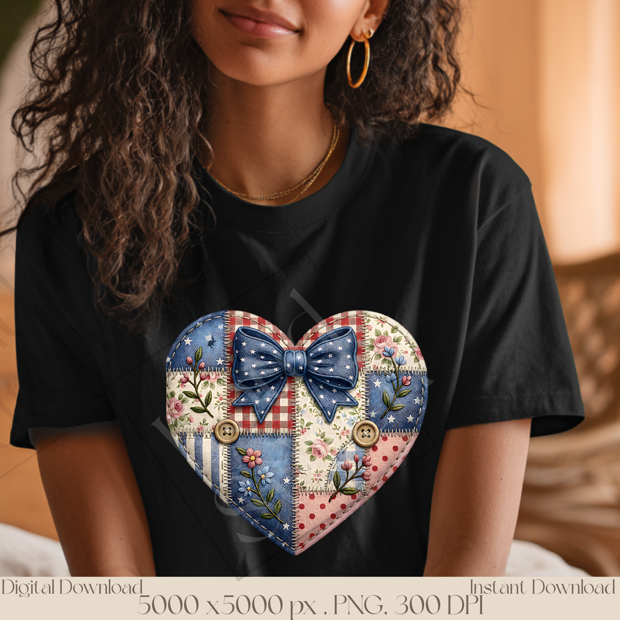 Patchwork Patriotic Heart PNG, Vintage Americana Quilt Heart Clipart, Rustic Fourth of July Sublimation Design