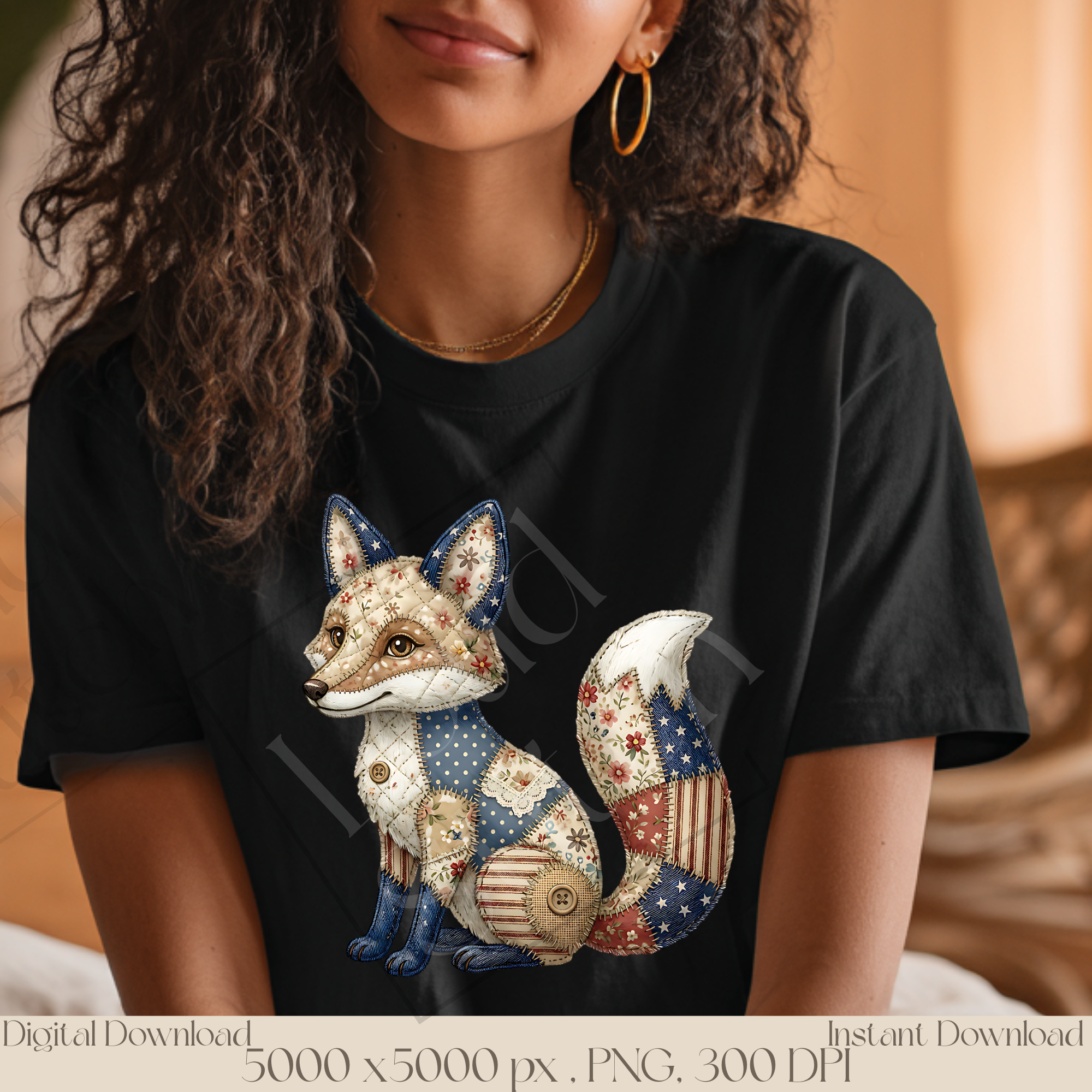 Patchwork Fox PNG, Woodland Animal Clipart, Vintage Cottagecore Fox Sublimation Design, Rustic Forest Animal Graphic