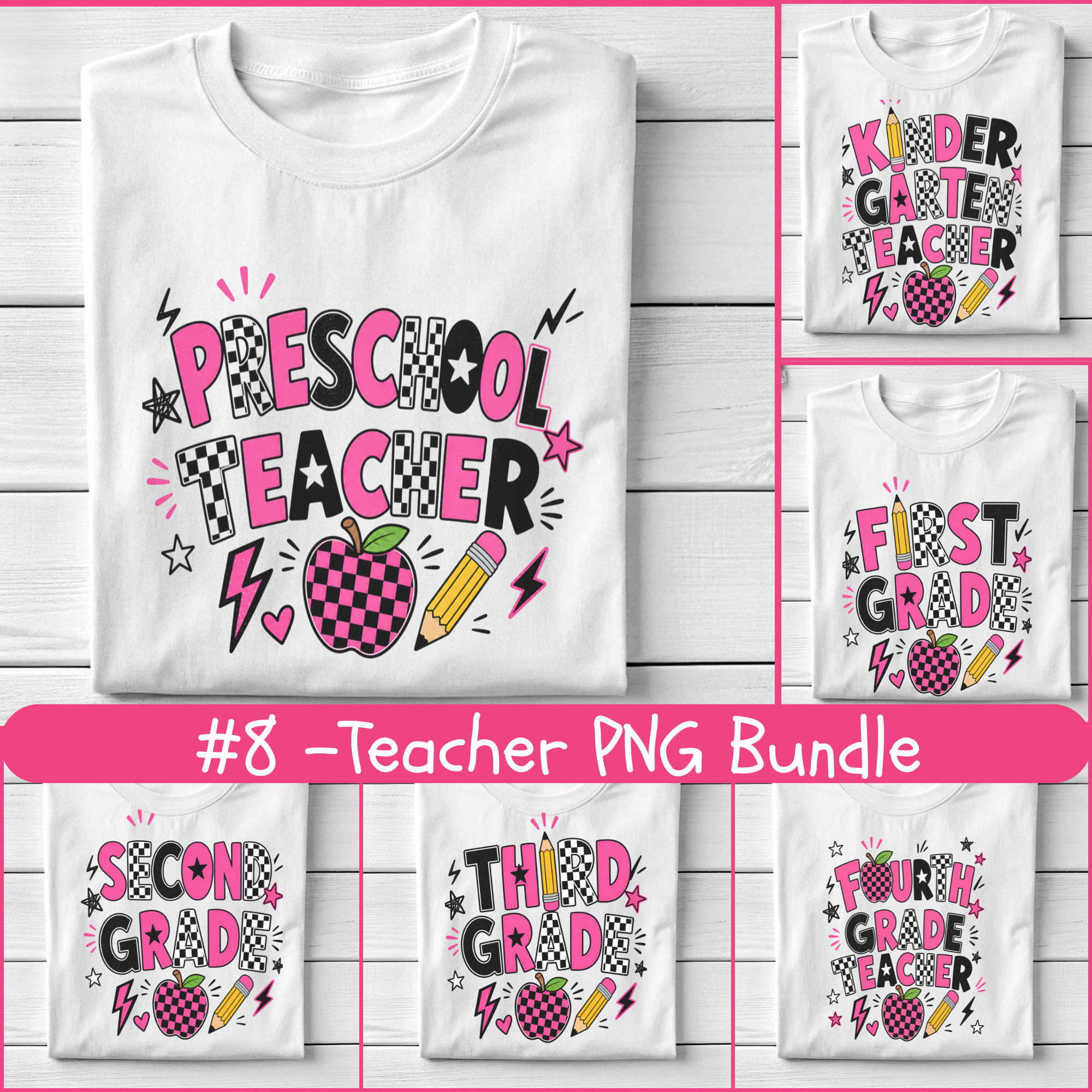 Back to School Teacher PNG Bundle, Pink Checker Grade Level Teacher Designs, Pre-K Kindergarten 1st-6th Grade PNG