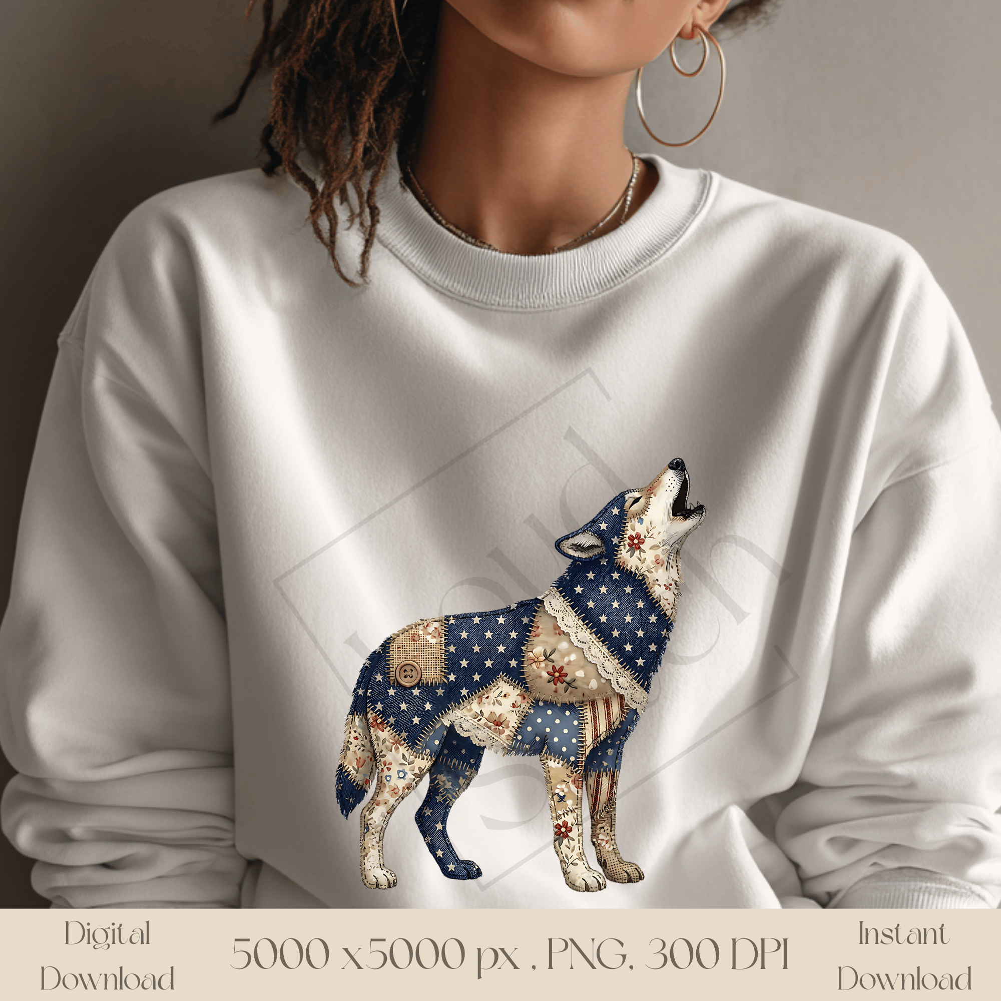 Patchwork Wolf PNG, Rustic Woodland Wolf Clipart, Vintage Cottagecore Animal Sublimation Design