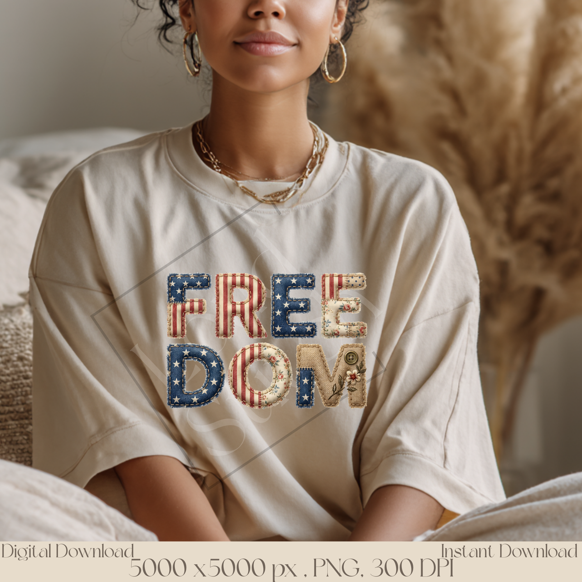 Freedom Patriotic PNG, Vintage Americana Patchwork Lettering, Fourth of July Sublimation Design, Rustic USA Typography