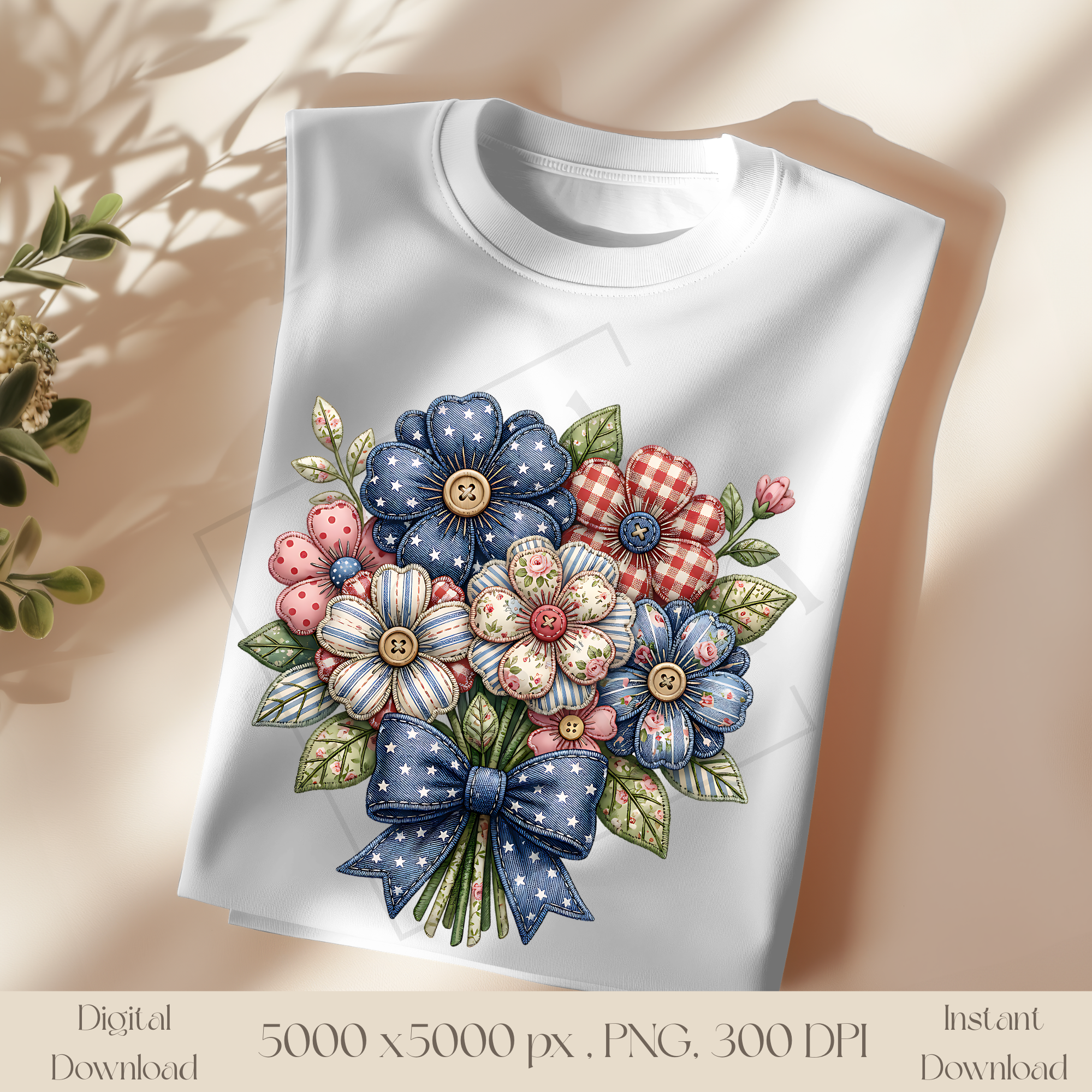 Patriotic Flower Bouquet PNG, Vintage Americana Patchwork Floral Clipart, Rustic Fourth of July Sublimation Design