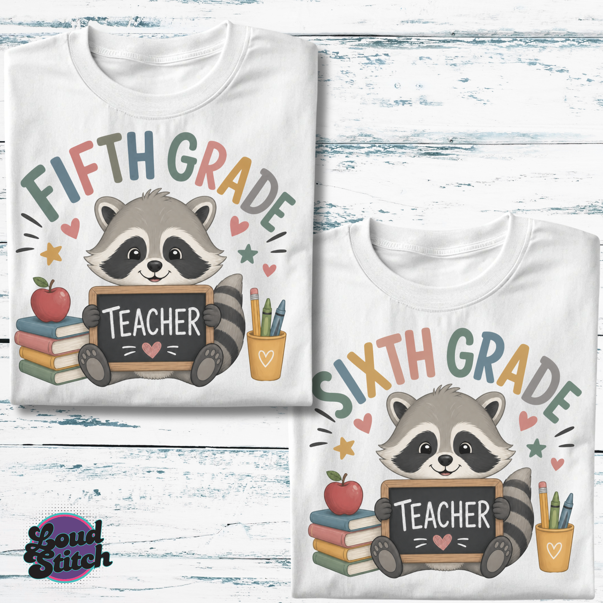 Raccoon Teacher PNG Bundle, Grade Level Teacher Designs, Pre-K Kindergarten 1st-6th Grade Sublimation PNG