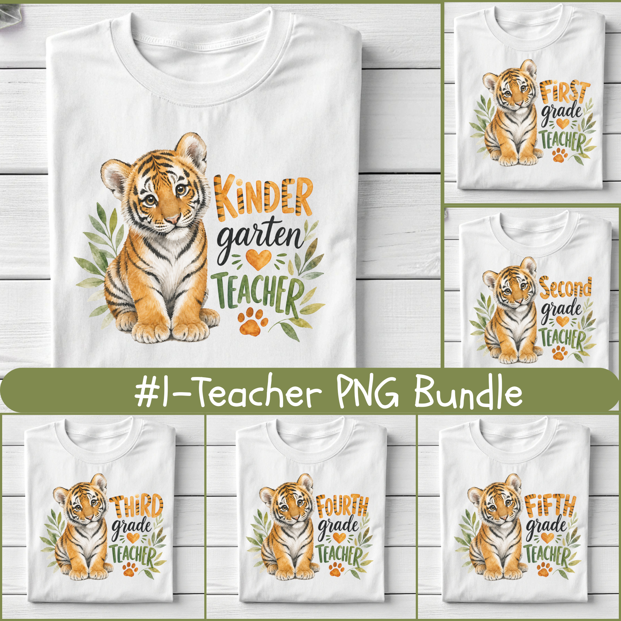 Tiger Teacher PNG Bundle, Preschool to Sixth Grade Teacher Designs, Back to School Sublimation Graphics