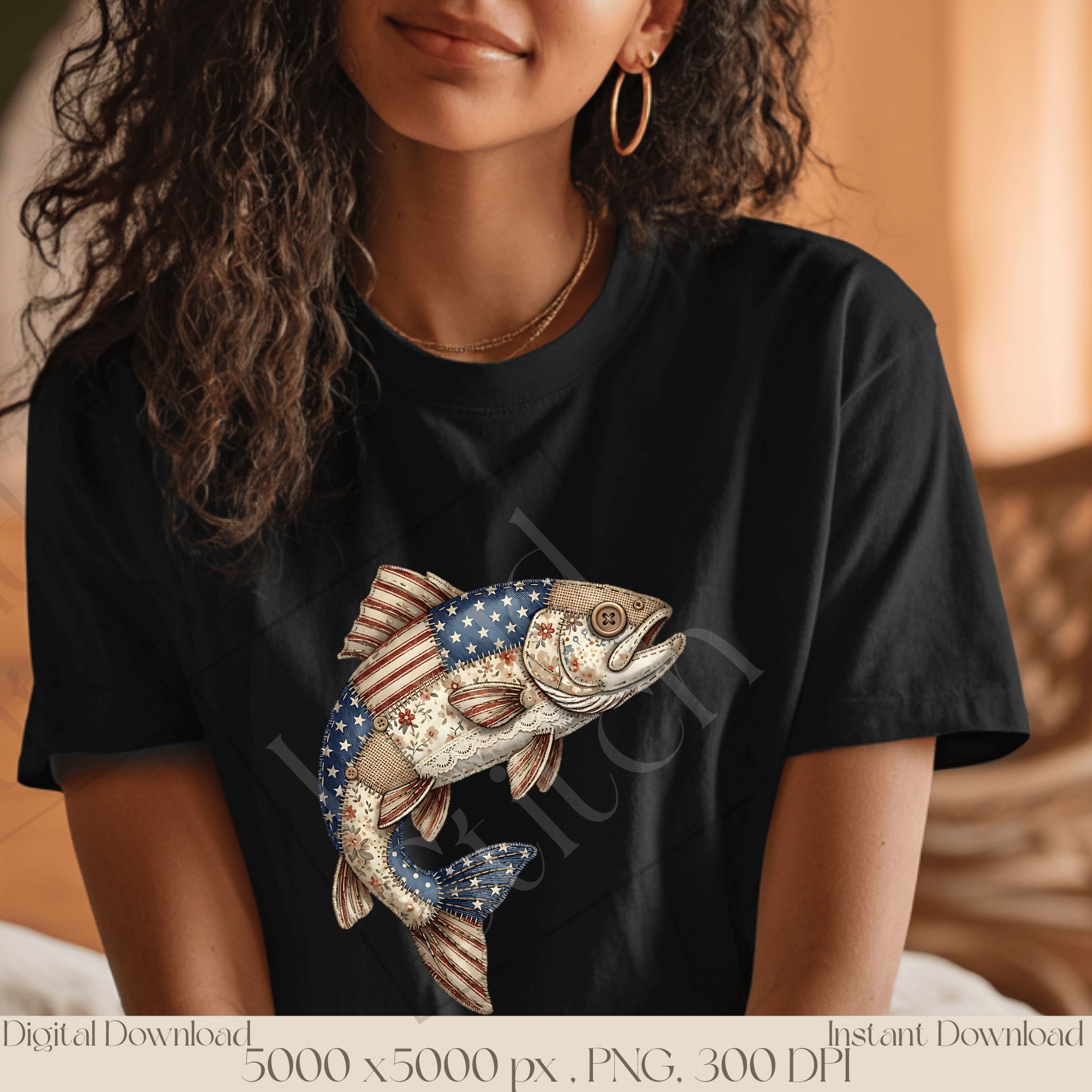 Patchwork Bass Fish PNG, Vintage Fishing Clipart, Rustic Angler Sublimation Design, Patriotic Quilt Style Fish Graphic