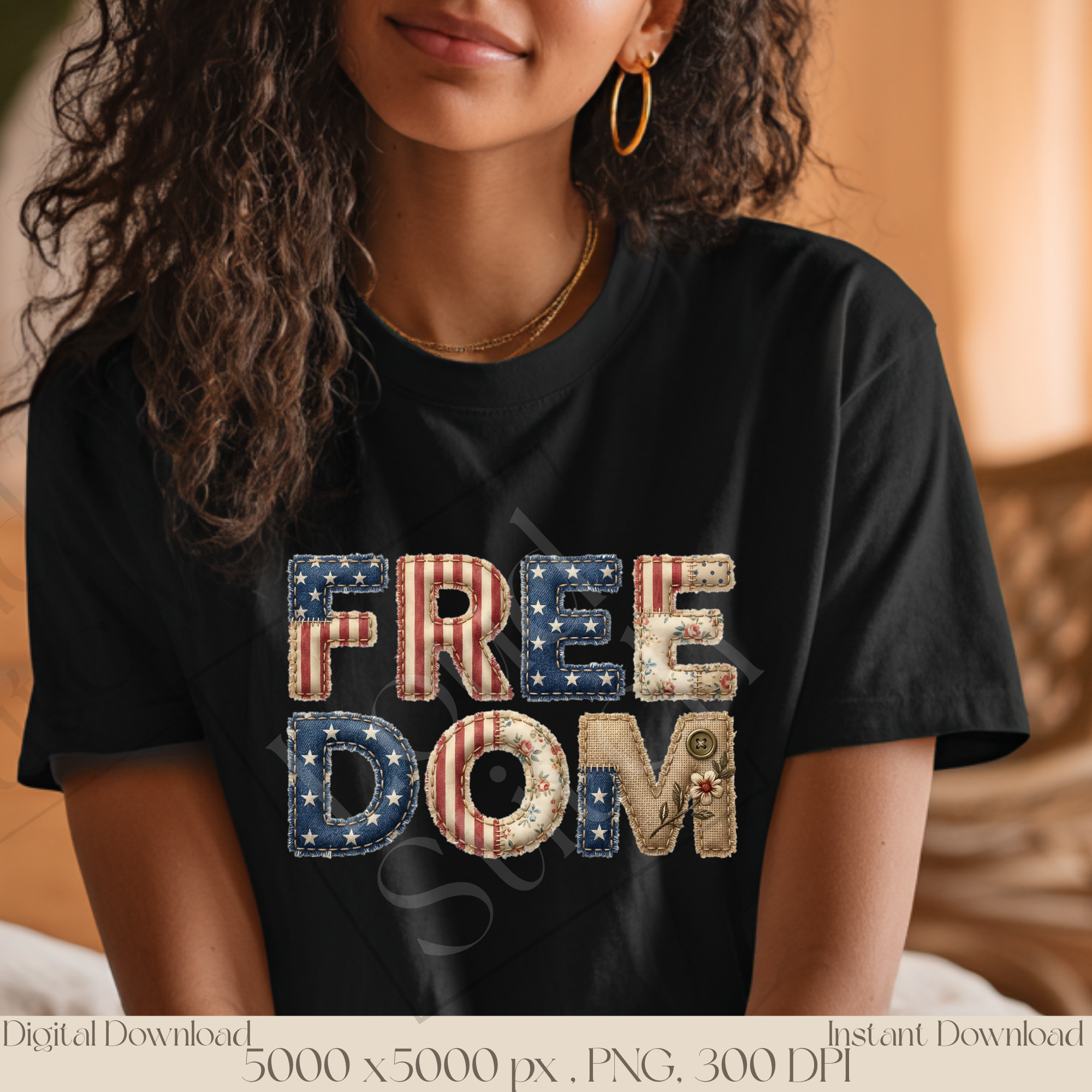 Freedom Patriotic PNG, Vintage Americana Patchwork Lettering, Fourth of July Sublimation Design, Rustic USA Typography