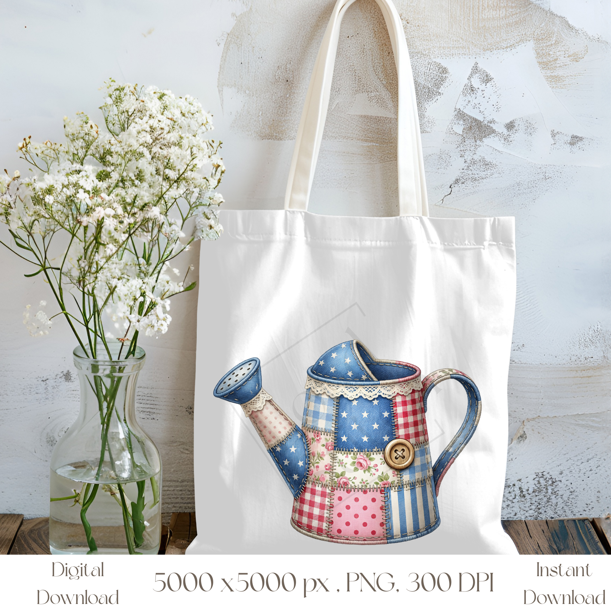 Patchwork Watering Can PNG, Cottagecore Garden Clipart, Vintage Floral Garden Sublimation Design