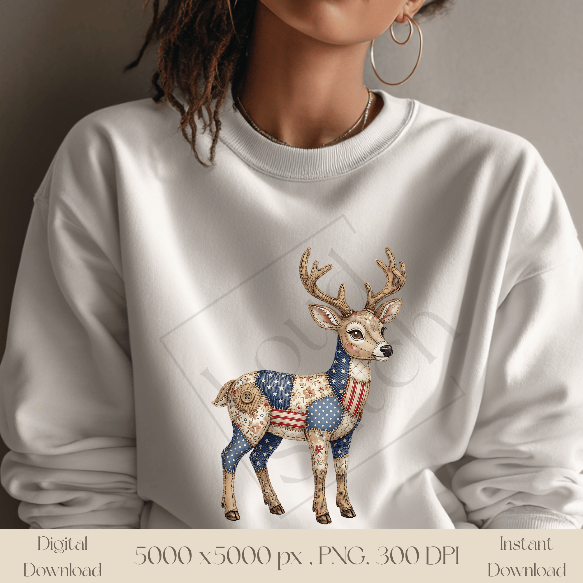 Patchwork Deer PNG, Woodland Deer Clipart, Rustic Cottagecore Animal Sublimation Design