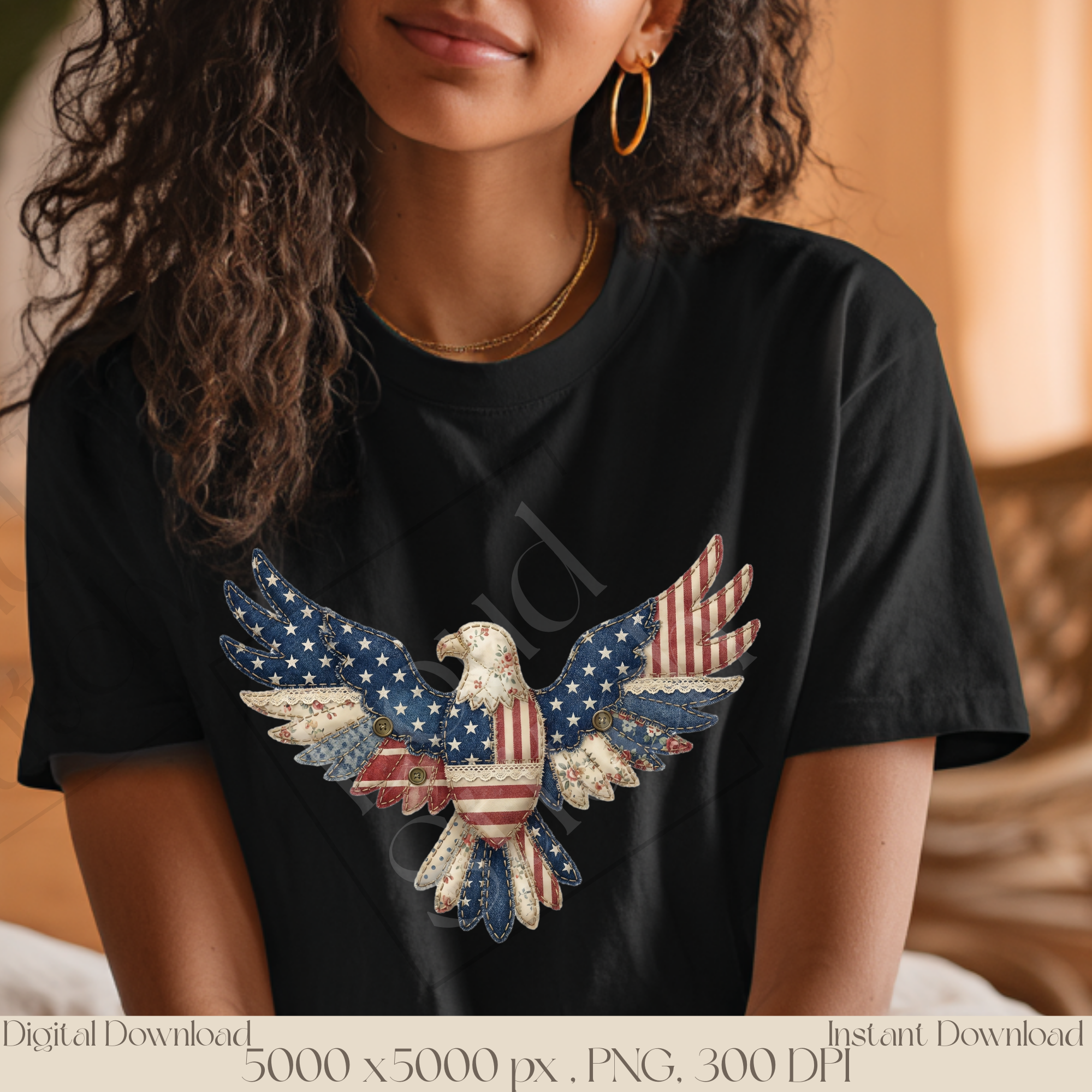 Patriotic Eagle PNG, Vintage Americana Patchwork Eagle Clipart, Fourth of July Sublimation Design, Rustic USA Freedom Graphic