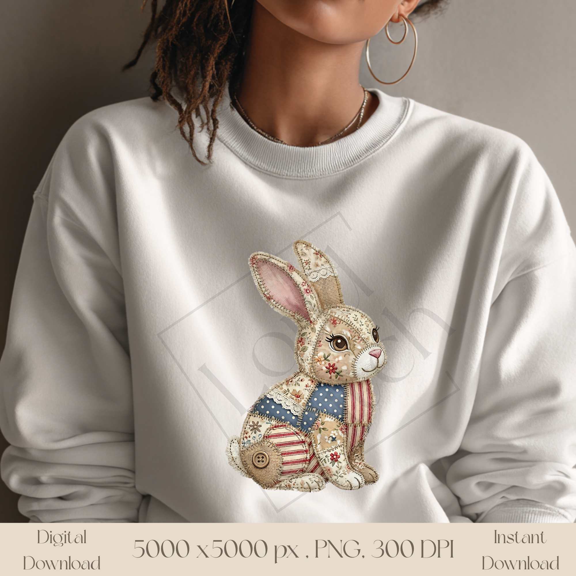 Patchwork Bunny PNG, Cute Cottagecore Rabbit Clipart, Vintage Woodland Bunny Sublimation Design