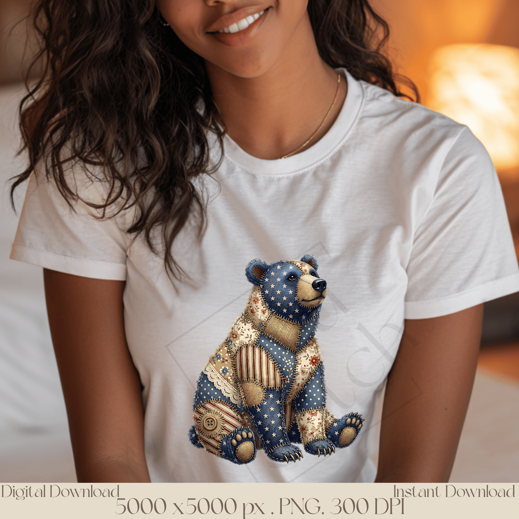 Patchwork Bear PNG, Cute Woodland Bear Clipart, Vintage Cottagecore Animal Sublimation Design
