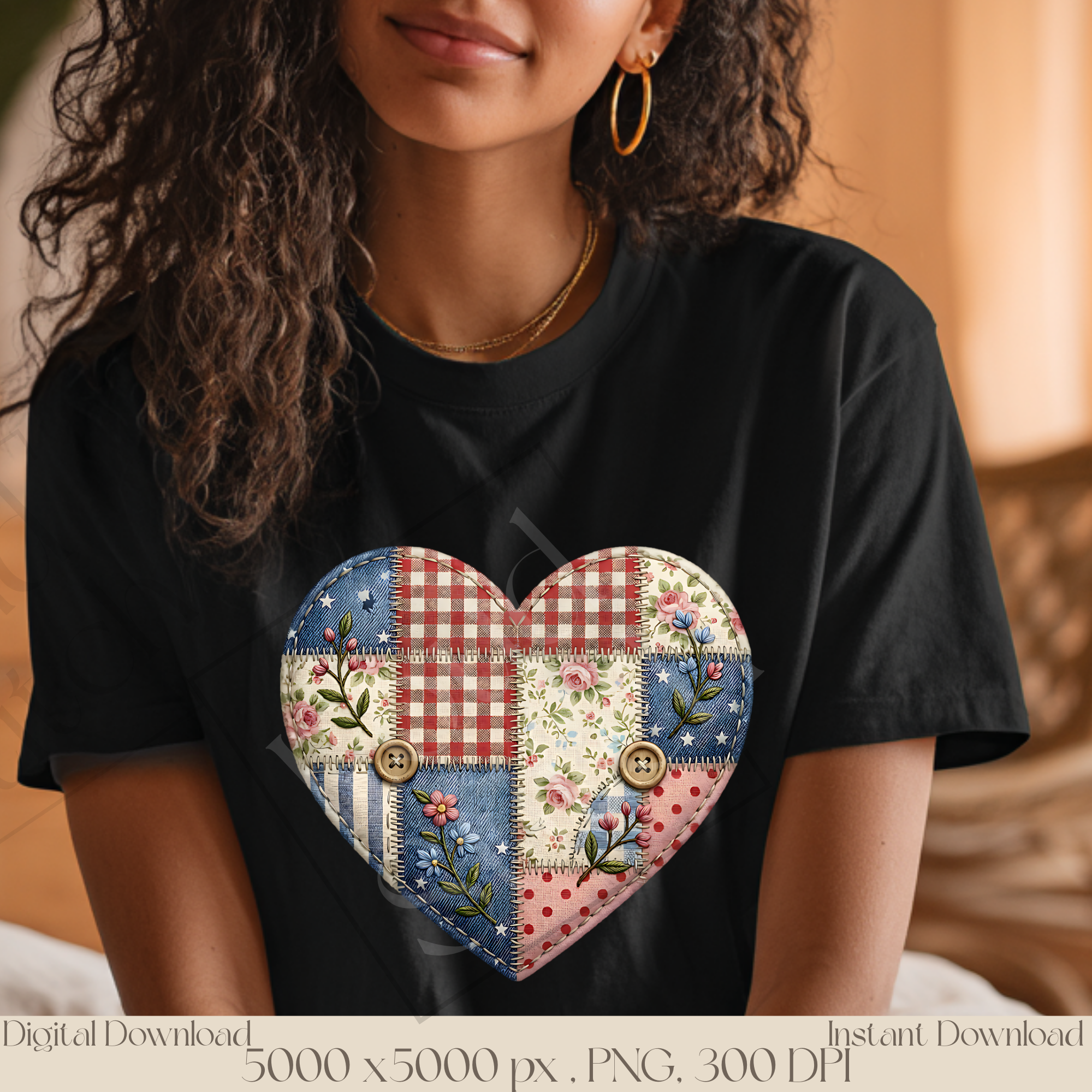 Americana Patchwork Heart PNG, Vintage Patriotic Quilt Heart Clipart, Fourth of July Sublimation Design