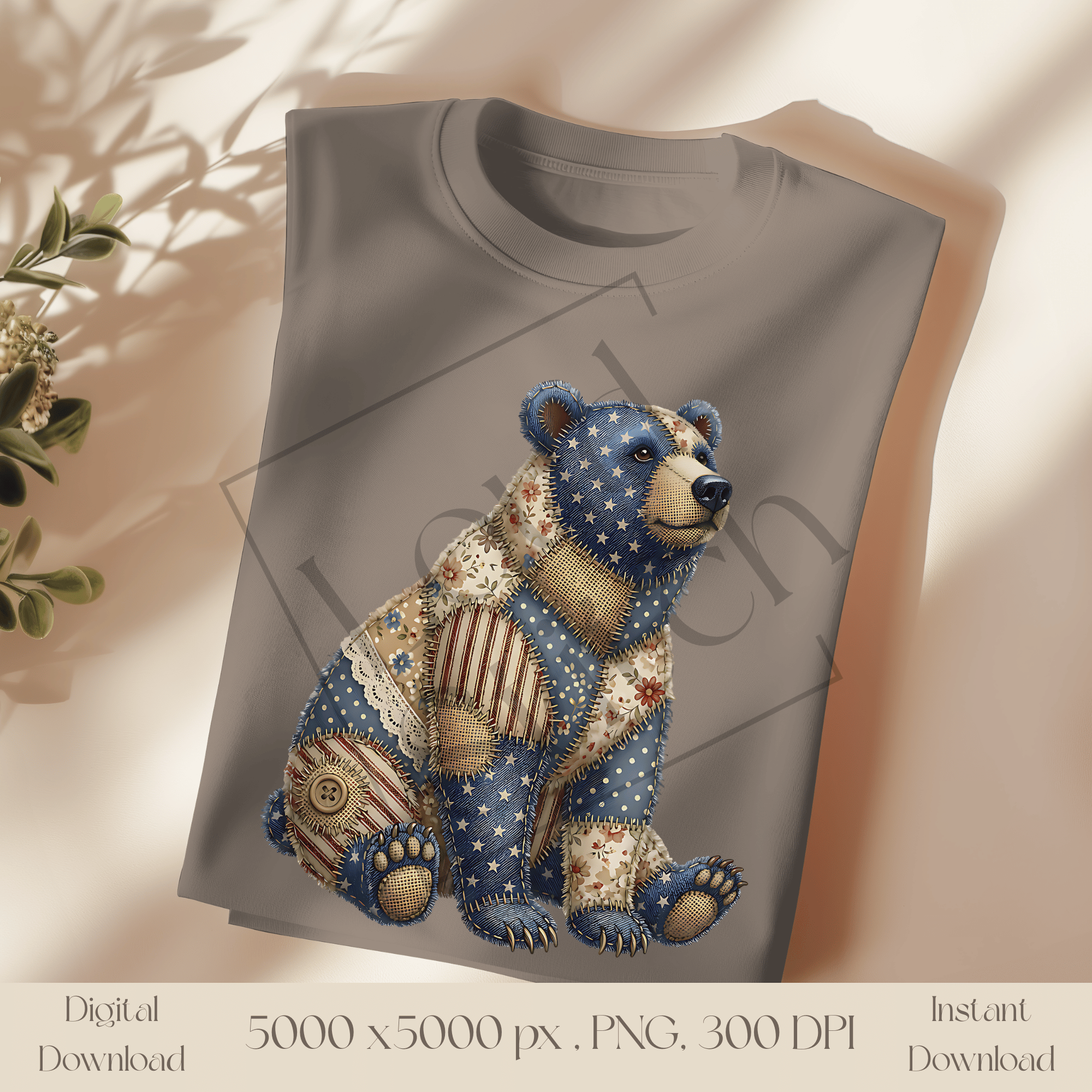 Patchwork Bear PNG, Cute Woodland Bear Clipart, Vintage Cottagecore Animal Sublimation Design