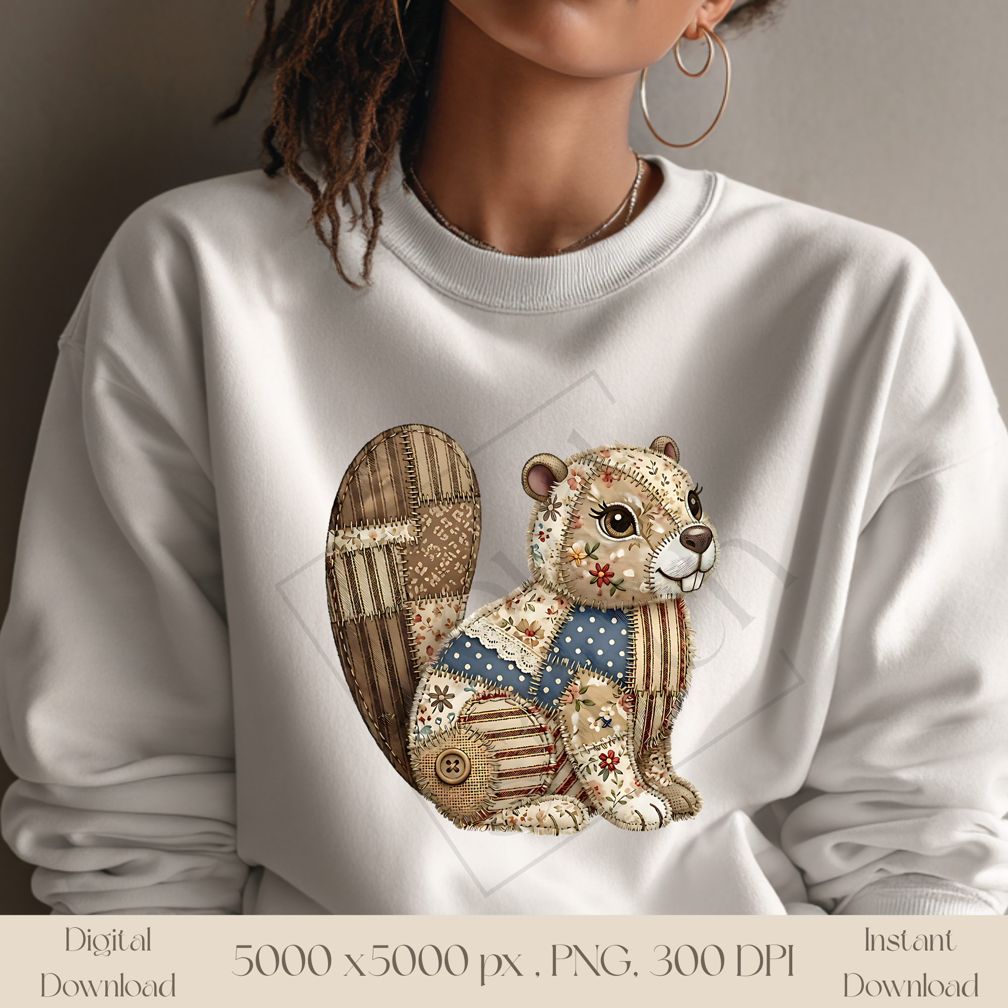 Patchwork Beaver PNG, Vintage Woodland Animal Clipart, Rustic Cottagecore Sublimation Design, Cute Forest Animal Graphic