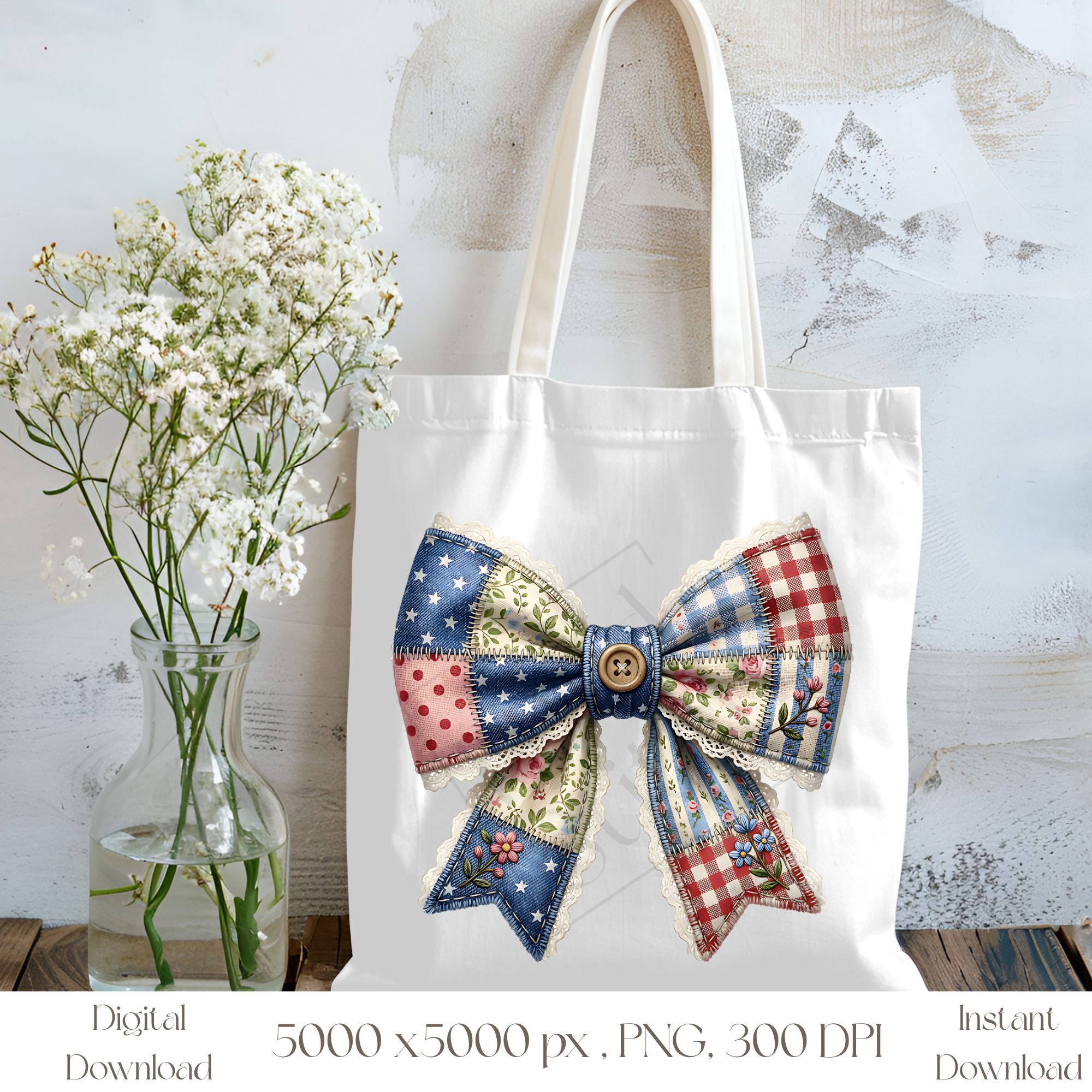 Patchwork Bow PNG, Vintage Cottagecore Ribbon Clipart, Rustic Floral Bow Sublimation Design