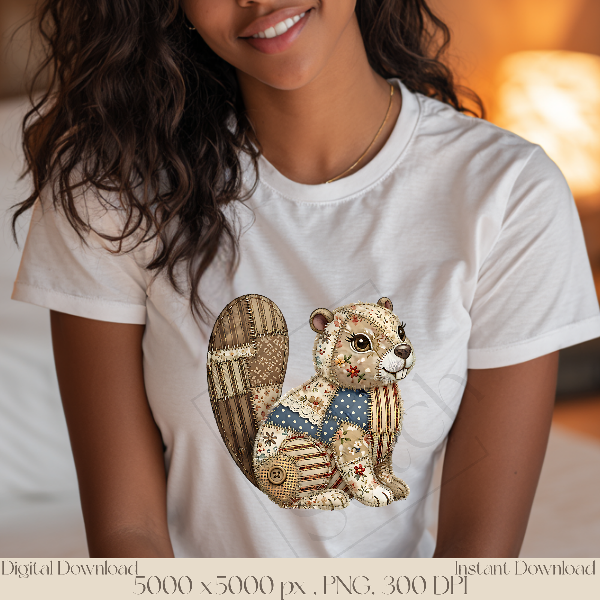 Patchwork Beaver PNG, Vintage Woodland Animal Clipart, Rustic Cottagecore Sublimation Design, Cute Forest Animal Graphic