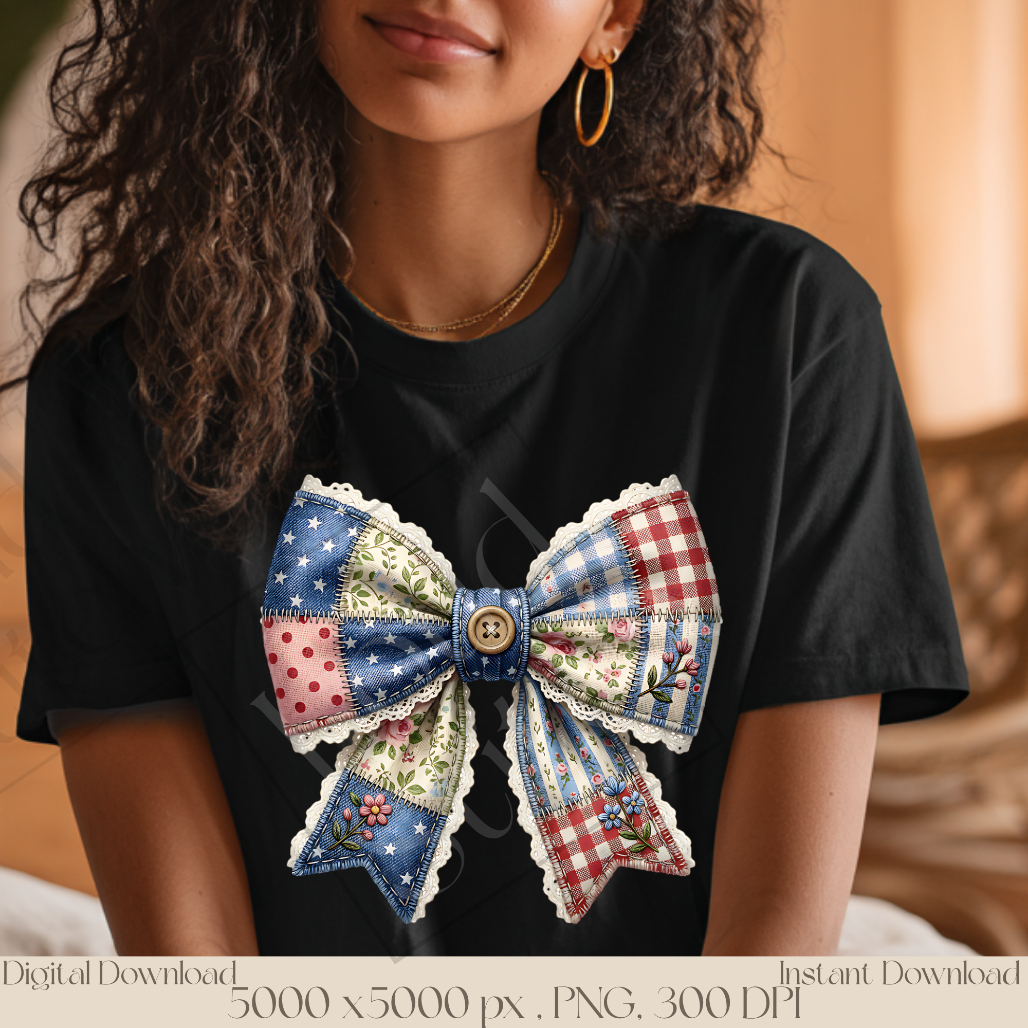 Patchwork Bow PNG, Vintage Cottagecore Ribbon Clipart, Rustic Floral Bow Sublimation Design
