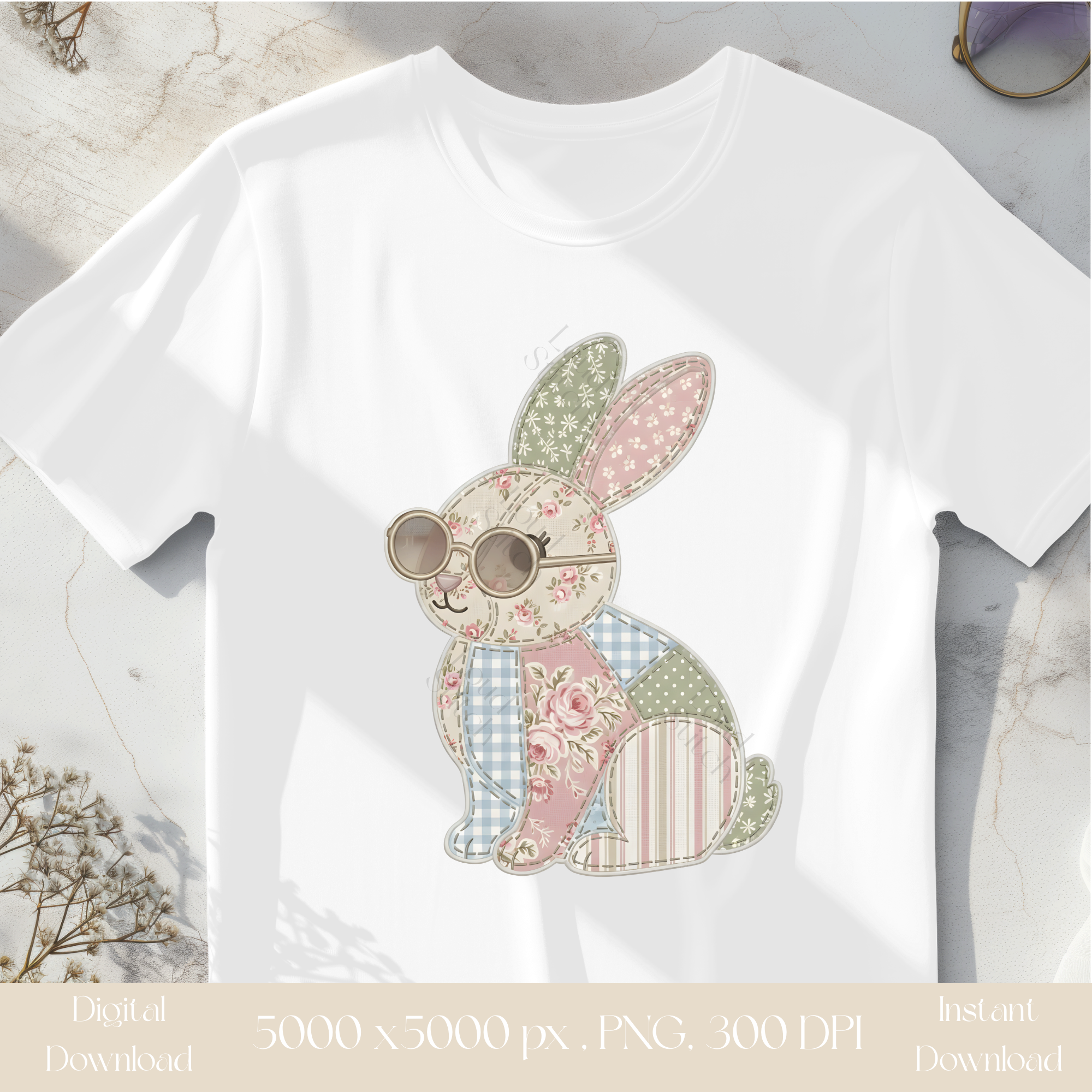 Easter Patchwork Girl Bunny PNG | Cottagecore Vintage Rabbit Clipart | Sublimation Design | Heirloom Spring Digital Download