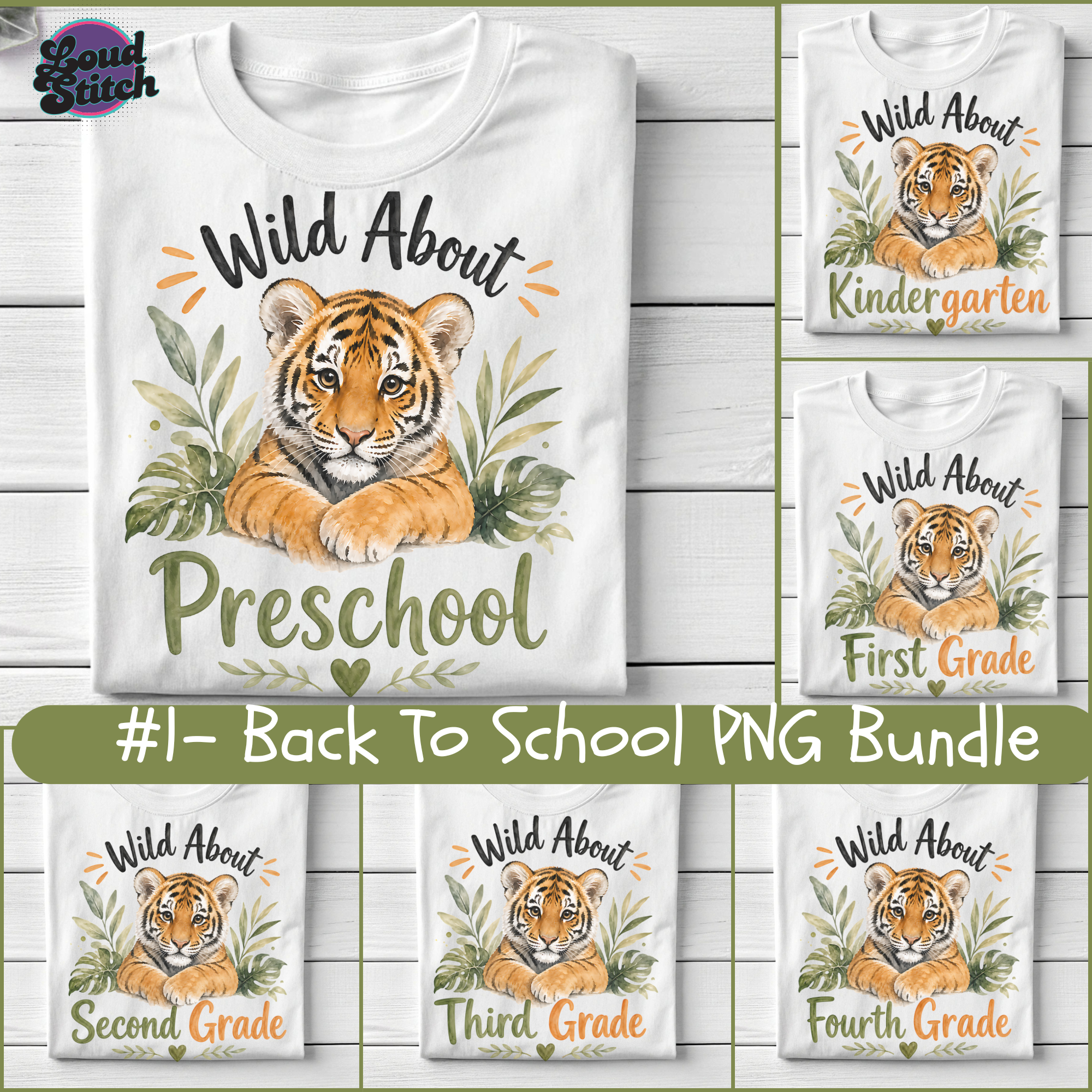 Wild About School PNG Bundle, Tiger Grade Level Designs, Preschool to Sixth Grade Back to School PNG