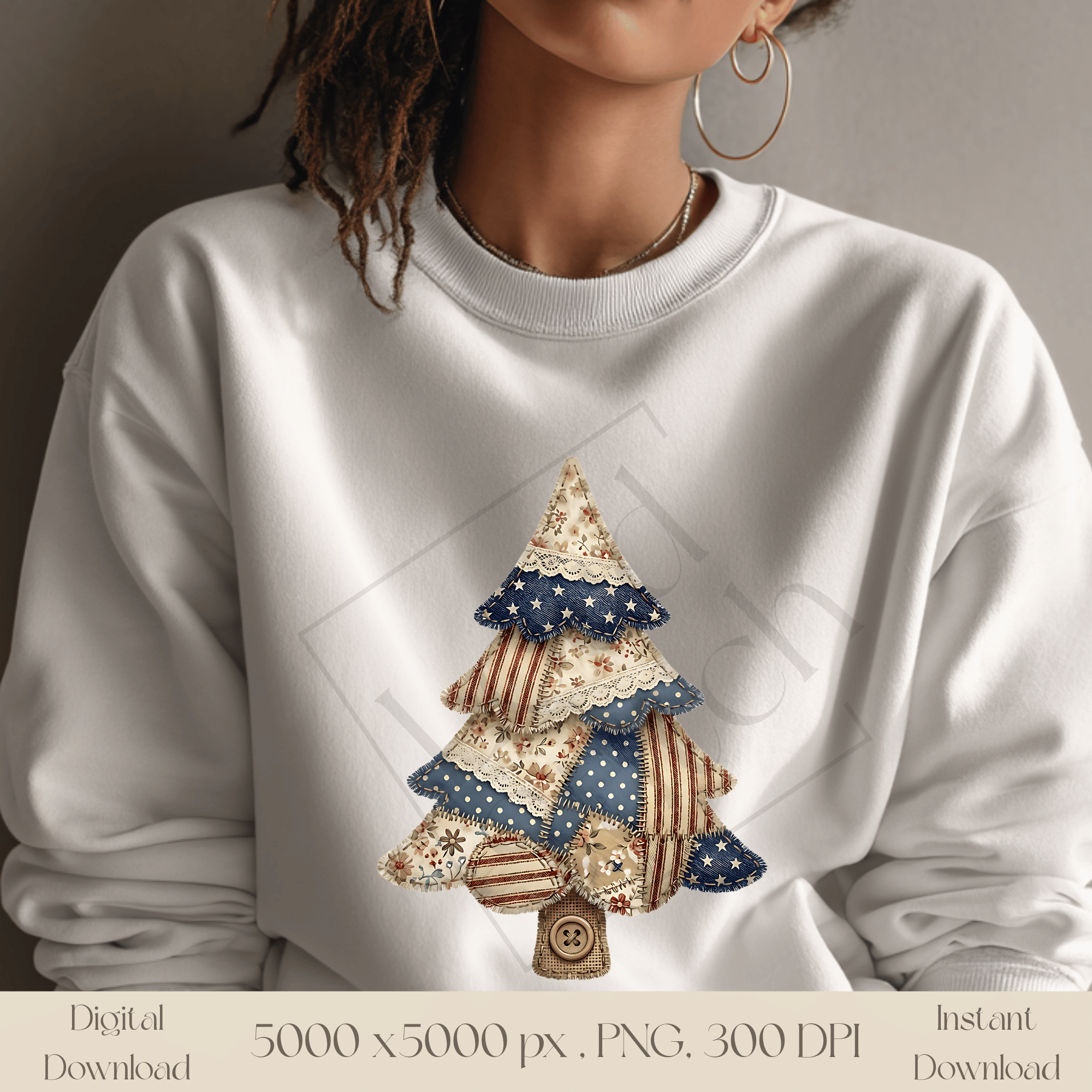 Patchwork Pine Tree PNG, Vintage Cottagecore Christmas Tree Clipart, Rustic Holiday Sublimation Design, Quilted Fabric Winter Graphic