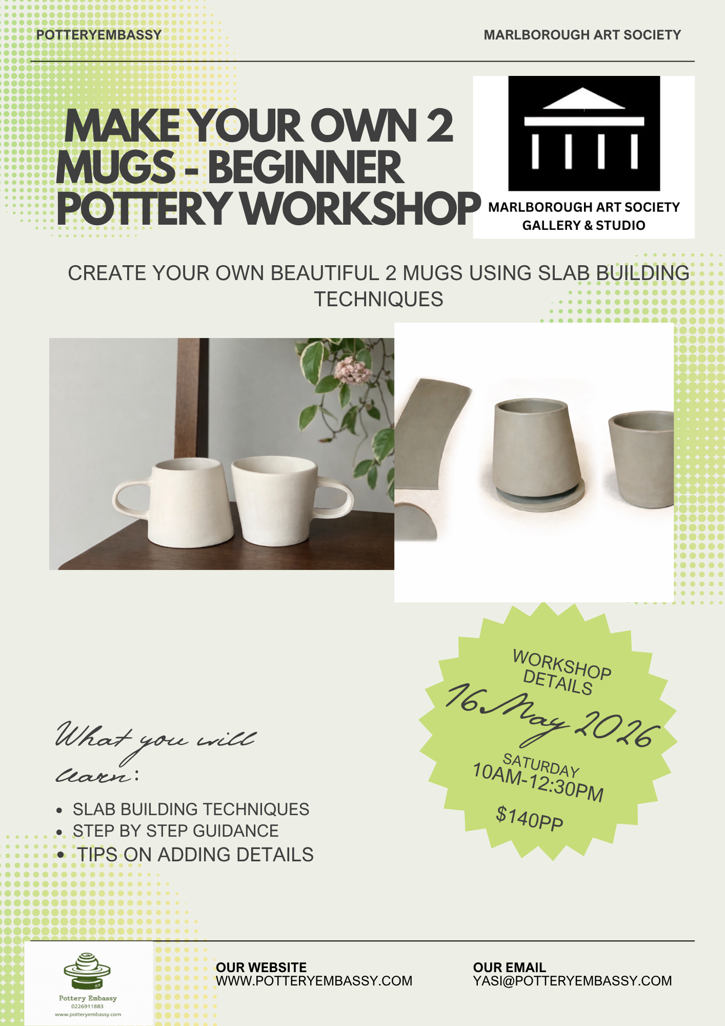 Make Your Own 2 Mugs Pottery Workshop| Marlborough Art Society