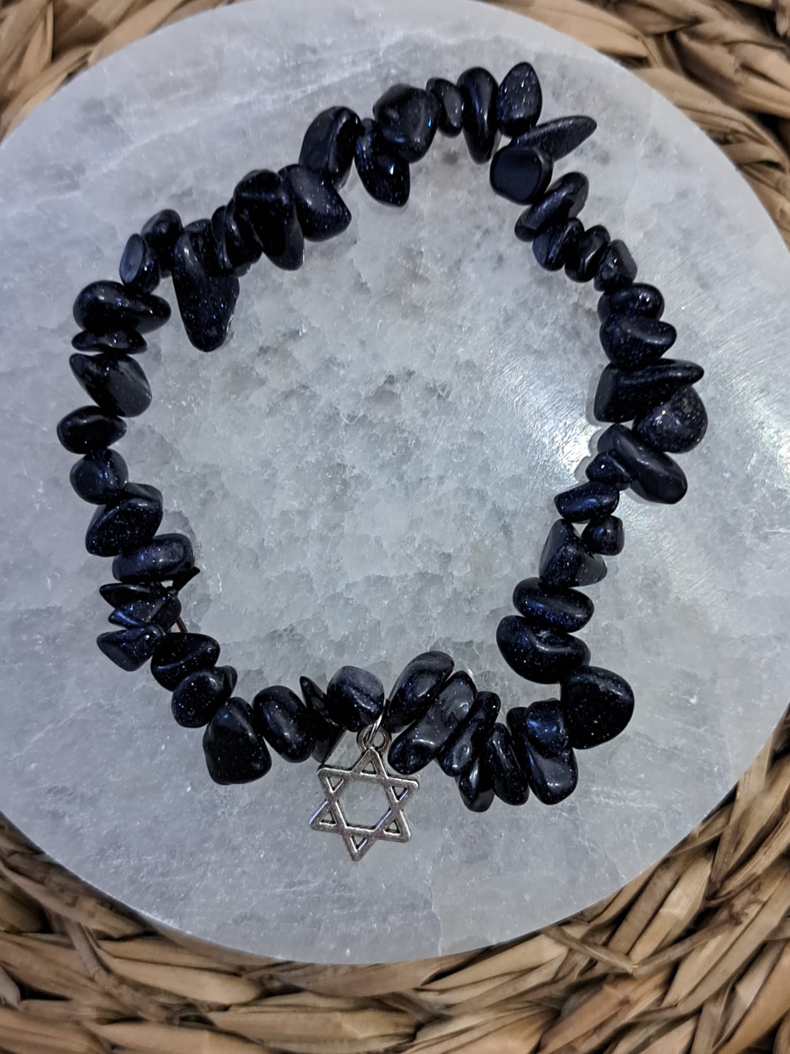 Pulsera de chips aventurina oro azul con estrella de David