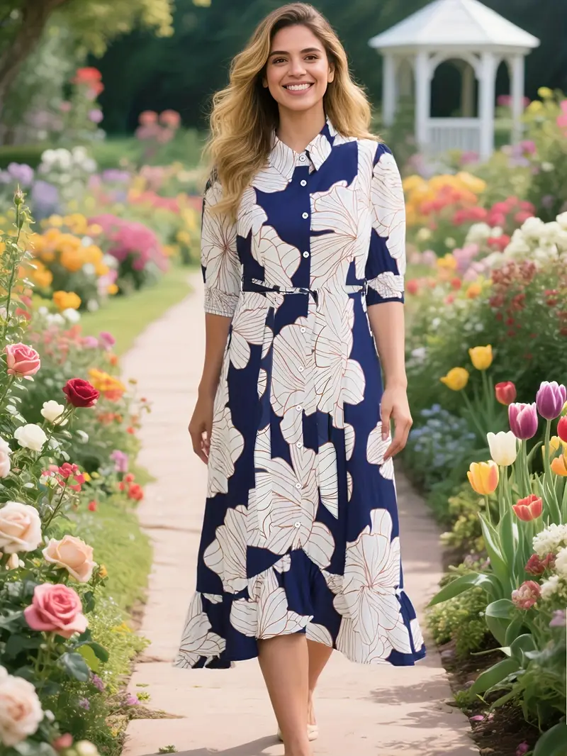 Plus Size, Women's Floral Print A-Line Dress - Navy Blue & White Floral Pattern, Button Front Closure, Non-Stretchy Fabric for Formal & Casual Events - Plus Size Friendly Elegant Office to Party Outfit, Cute Dresses, Seasonal Fashion, Nontransparent