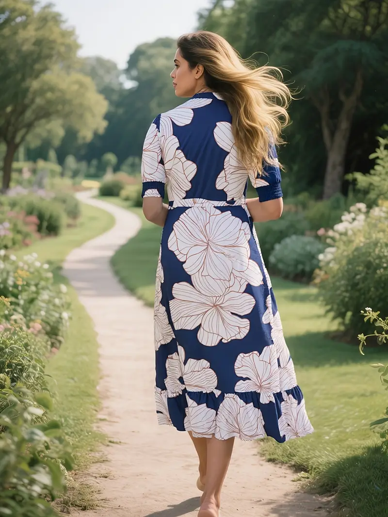 Plus Size, Women's Floral Print A-Line Dress - Navy Blue & White Floral Pattern, Button Front Closure, Non-Stretchy Fabric for Formal & Casual Events - Plus Size Friendly Elegant Office to Party Outfit, Cute Dresses, Seasonal Fashion, Nontransparent