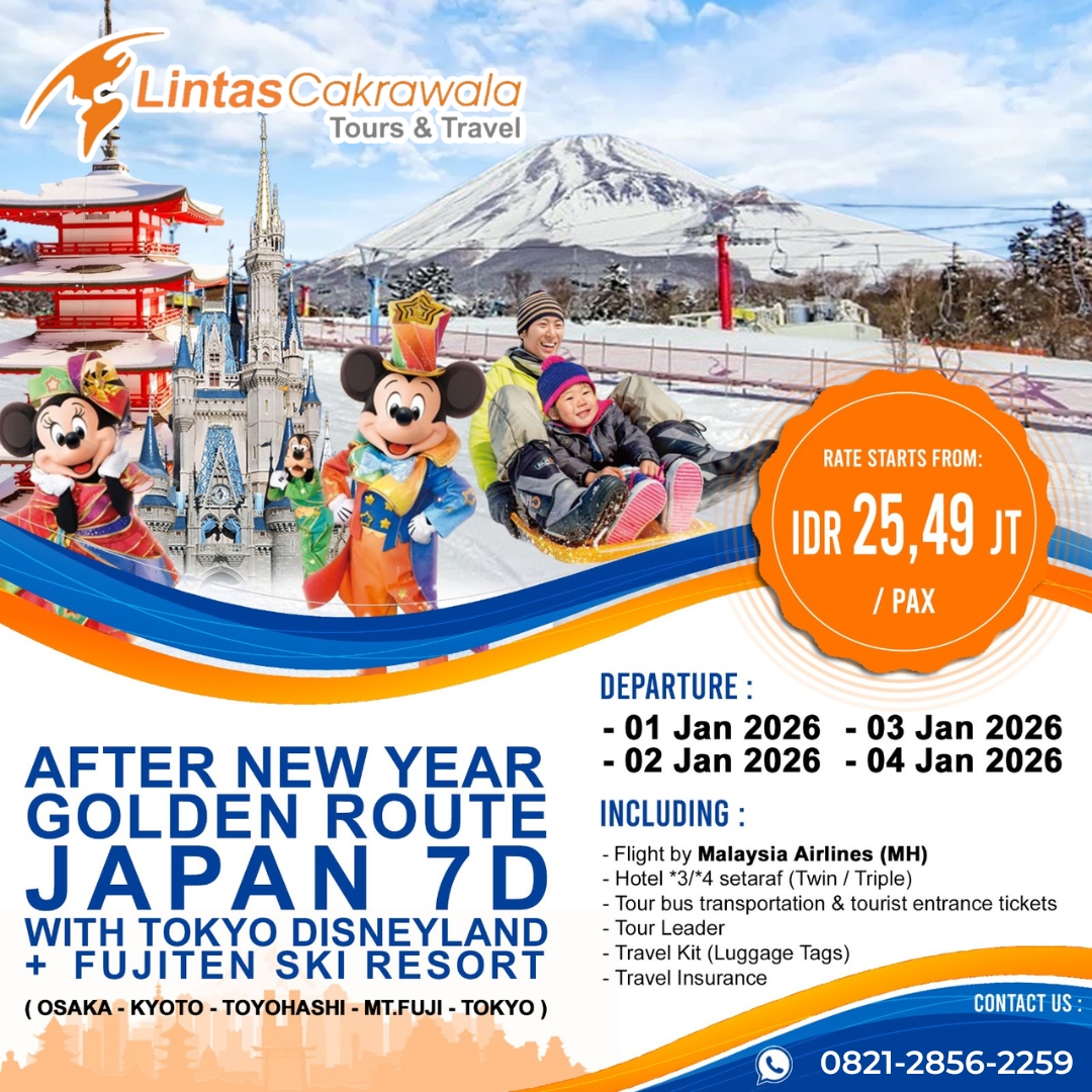7D AFTER NEW YEAR GOLDEN ROUTE SHIRAKAWAGO WITH TOKYO DISNEYLAND + FUJITEN SKI RESORT BY MALAYSIA AIRLINES DEP: 1, 2, 3, 4 JAN 2026