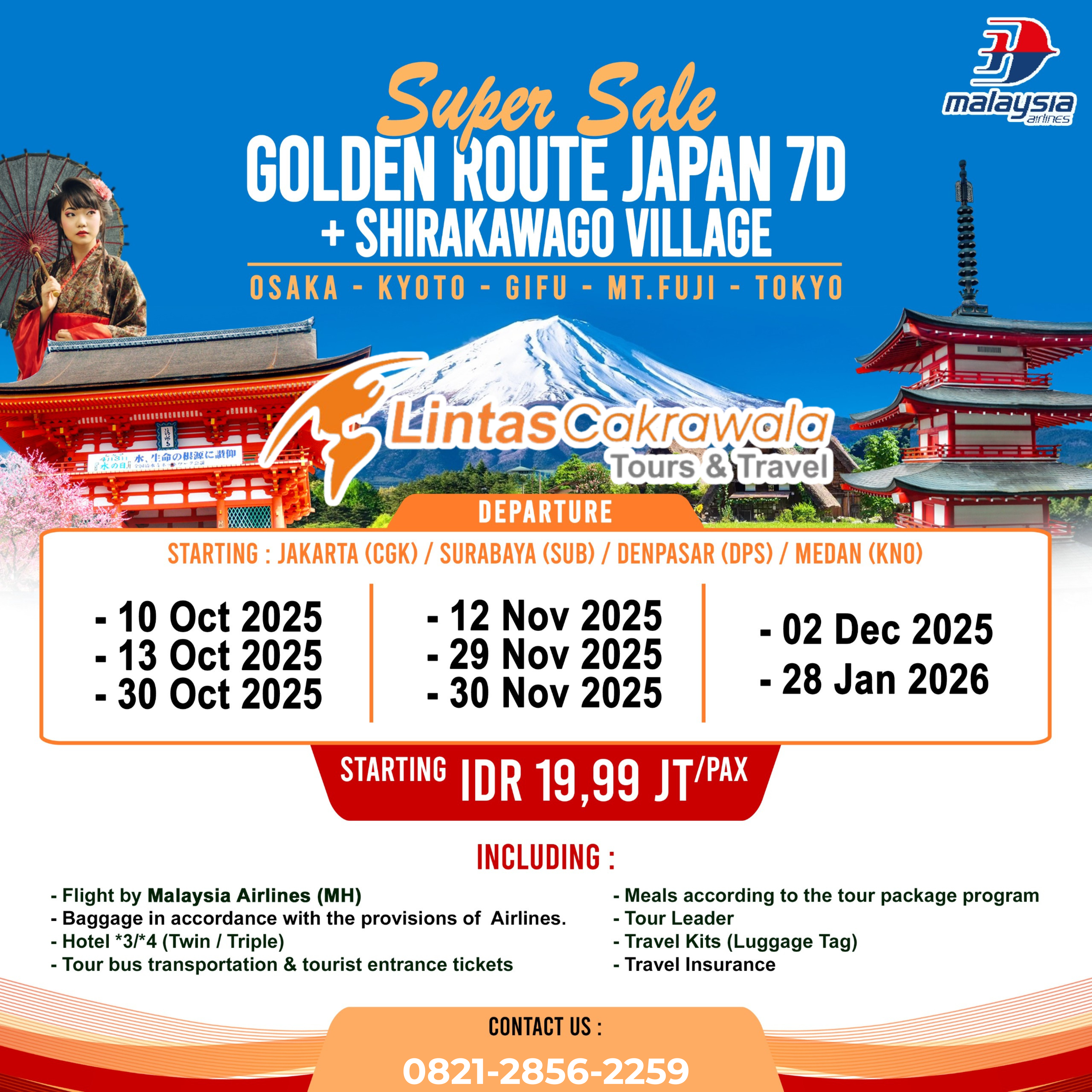 7D SUPER SALE GOLDEN ROUTE JAPAN + SHIRAKAWAGO BY MALAYSIA AIRLINES DEP: OCT 2025 - JAN 2026