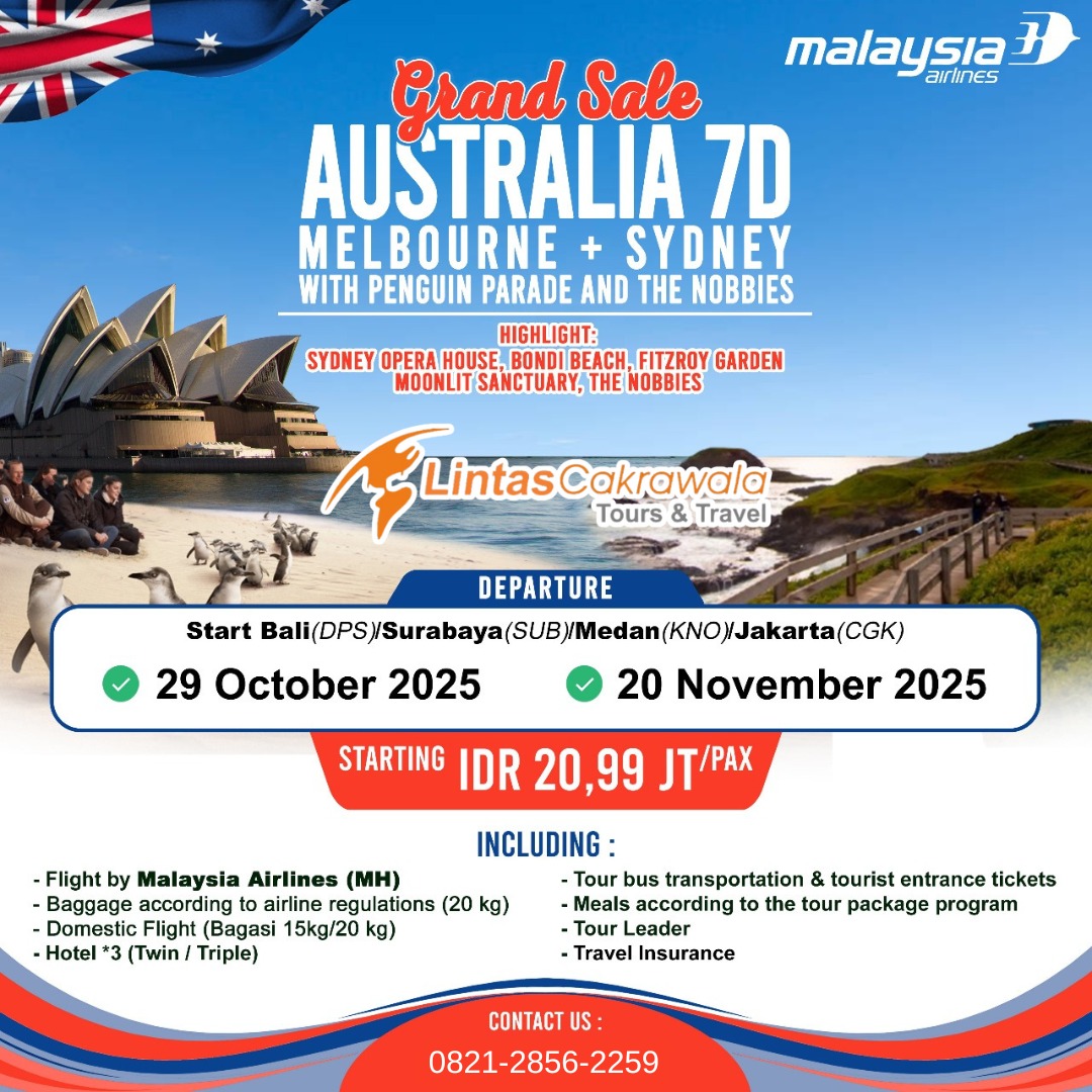 7D GRAND SALE AUSTRALIA (MELBOURNE+SYDNEY) WITH PENGUIN PARADE AND THE NOBBIES By Malaysia Airlines *Premium Airlines Start Bali/Surabaya/Medan/ Jakarta Dep: 29 Oct, 20 Sep 2025