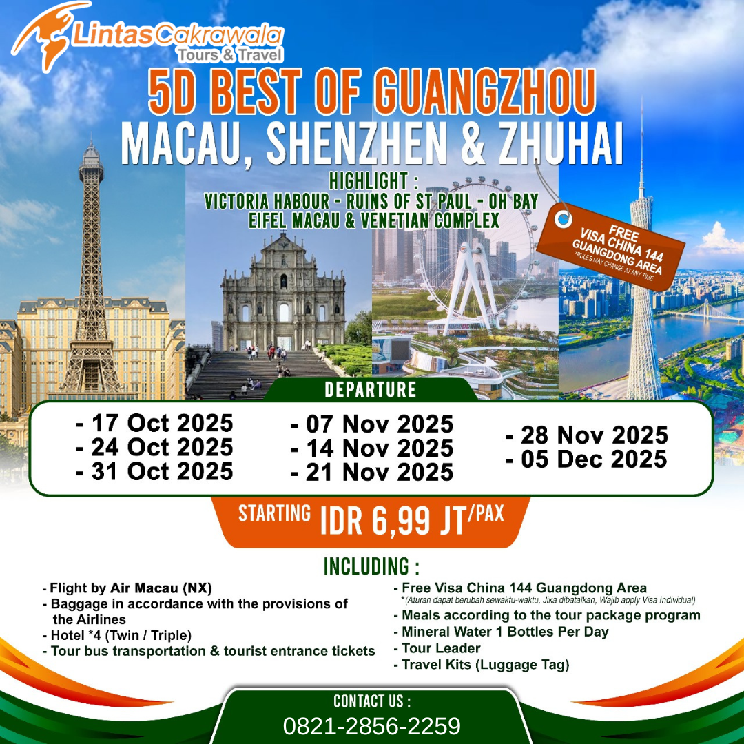 5D BEST OF GUANGZHOU MACAU SHENZHEN AND ZHUHAI  BY AIR MACAU DEP: OCT - DEC 2025