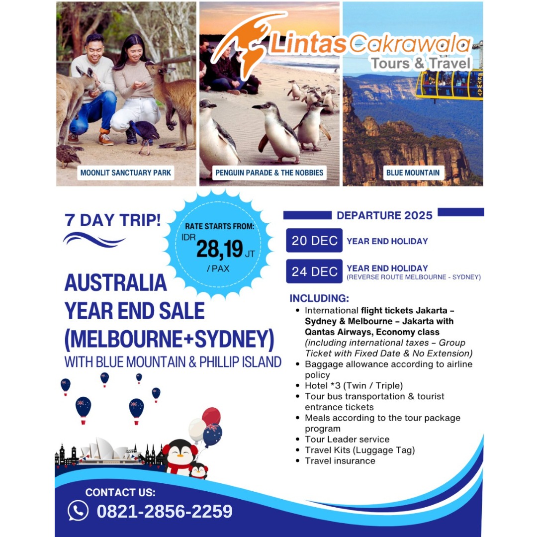 7D AUSTRALIA YEAR END SALE (MELBOURNE + SYDNEY) WITH BLUE MOUNTAIN & PHILLIP ISLAND By Qantas Airways *5 Airlines	Dep: 20 & 24 Dec 2025
