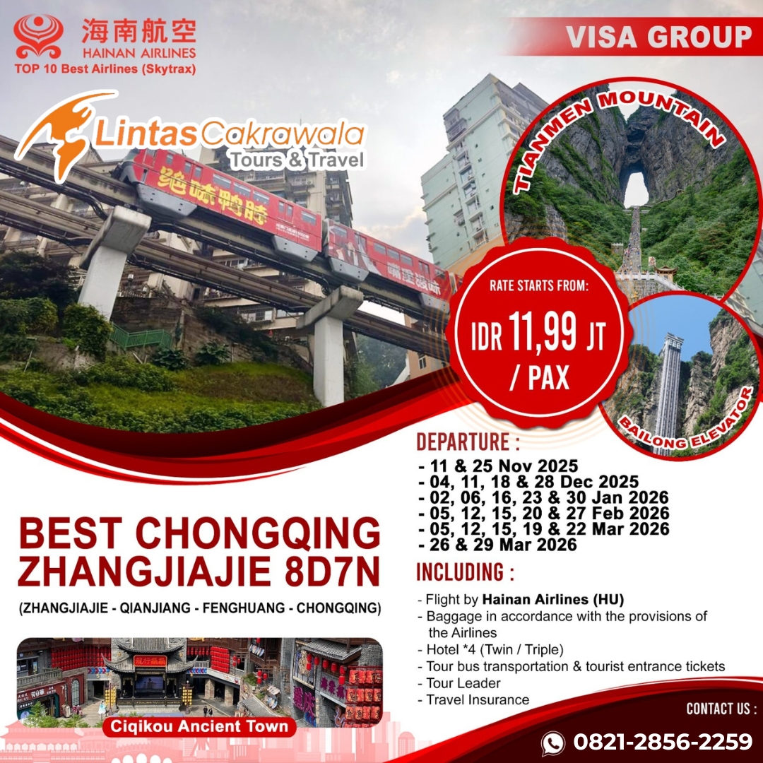 8D BEST CHONGQING ZHANGJIAJIE BY HAINAN AIRLINES DEP: NOV 2025 - MAR 2026