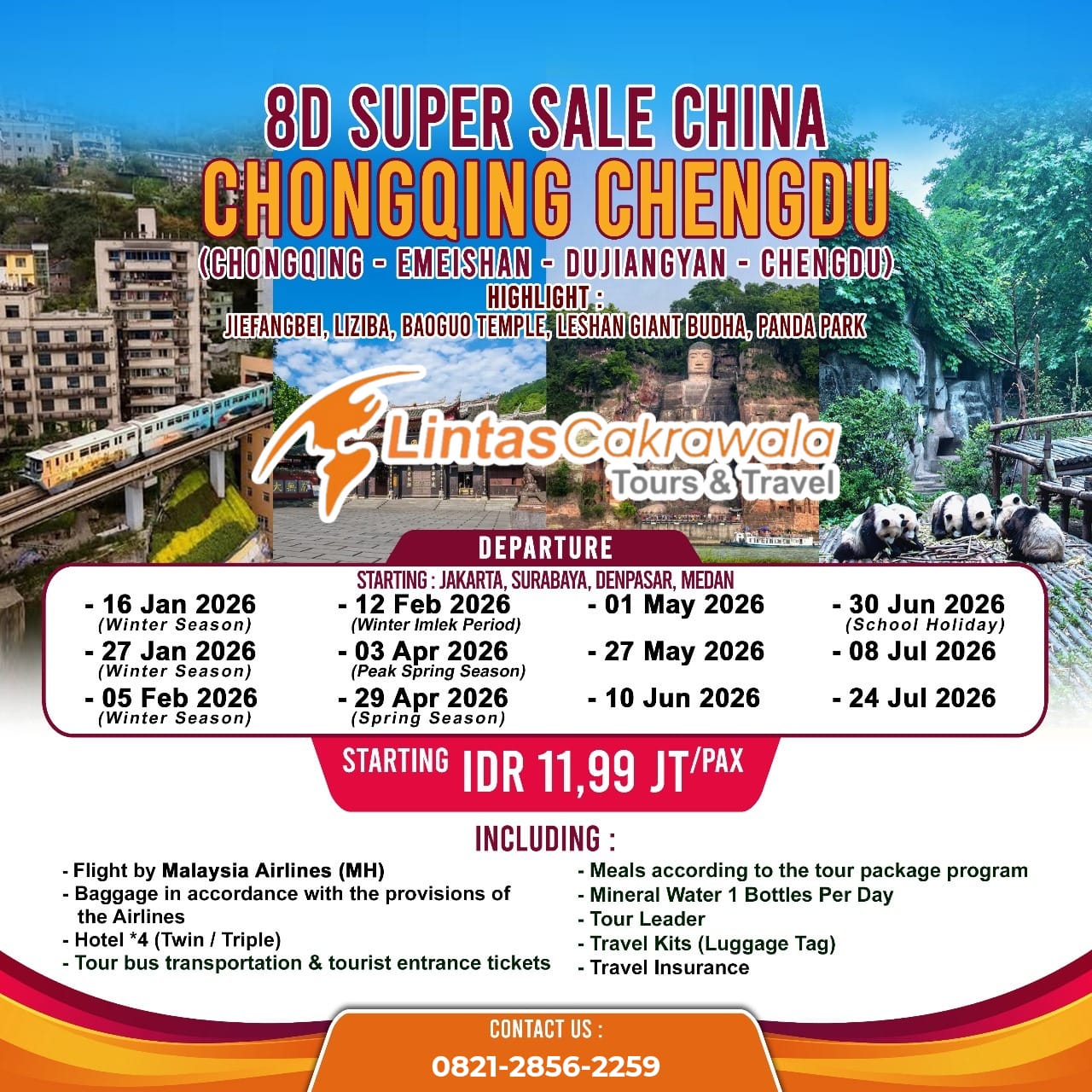 8D SUPER SALE CHINA CHONGQING CHENGDU BY MALAYSIA AIRLINES DEP: JAN - JUL 2026