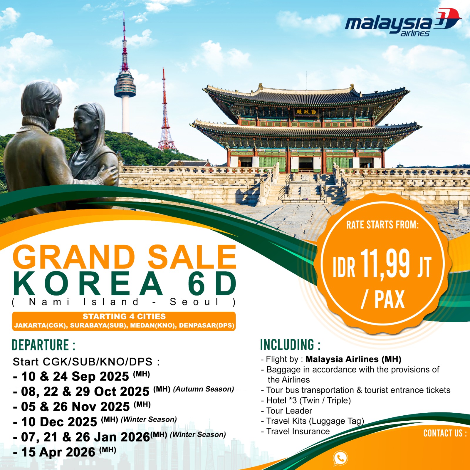 6D GRAND SALE KOREA STARTING 4 CITIES BY MALAYSIA AIRLINES DEP: SEP 2025 - APR 2026