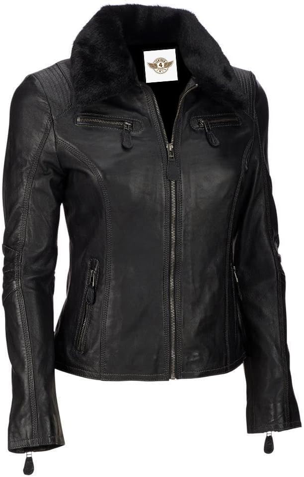 Leather Moto Jacket with Fur Collar - KL22