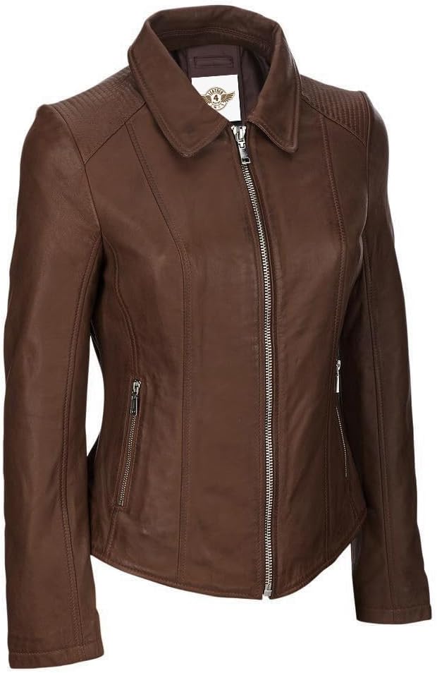 Brown Furry Collar Leather Jacket - KL24