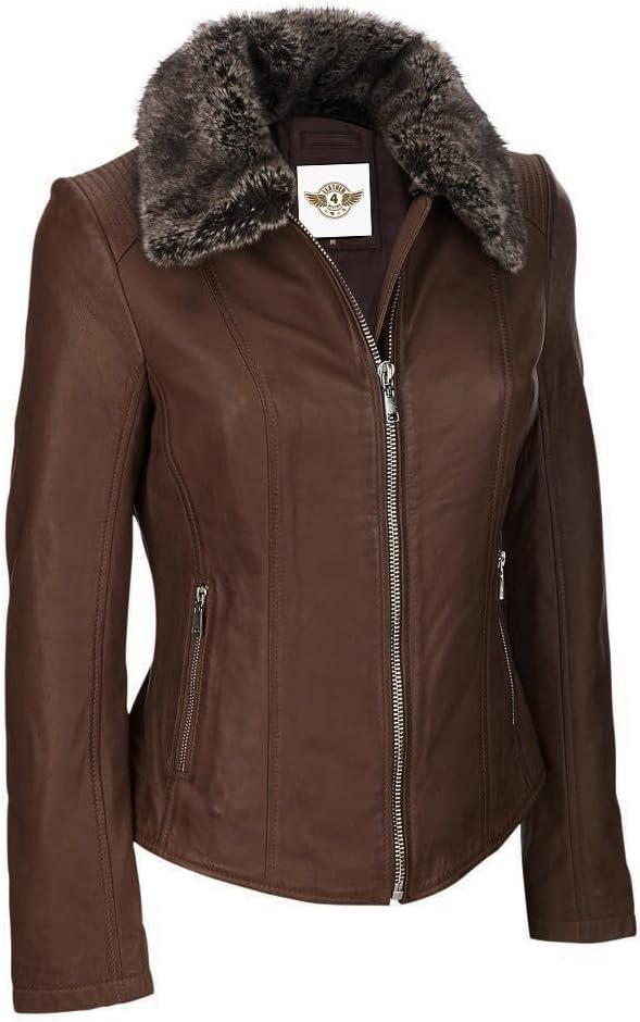 Brown Furry Collar Leather Jacket - KL24