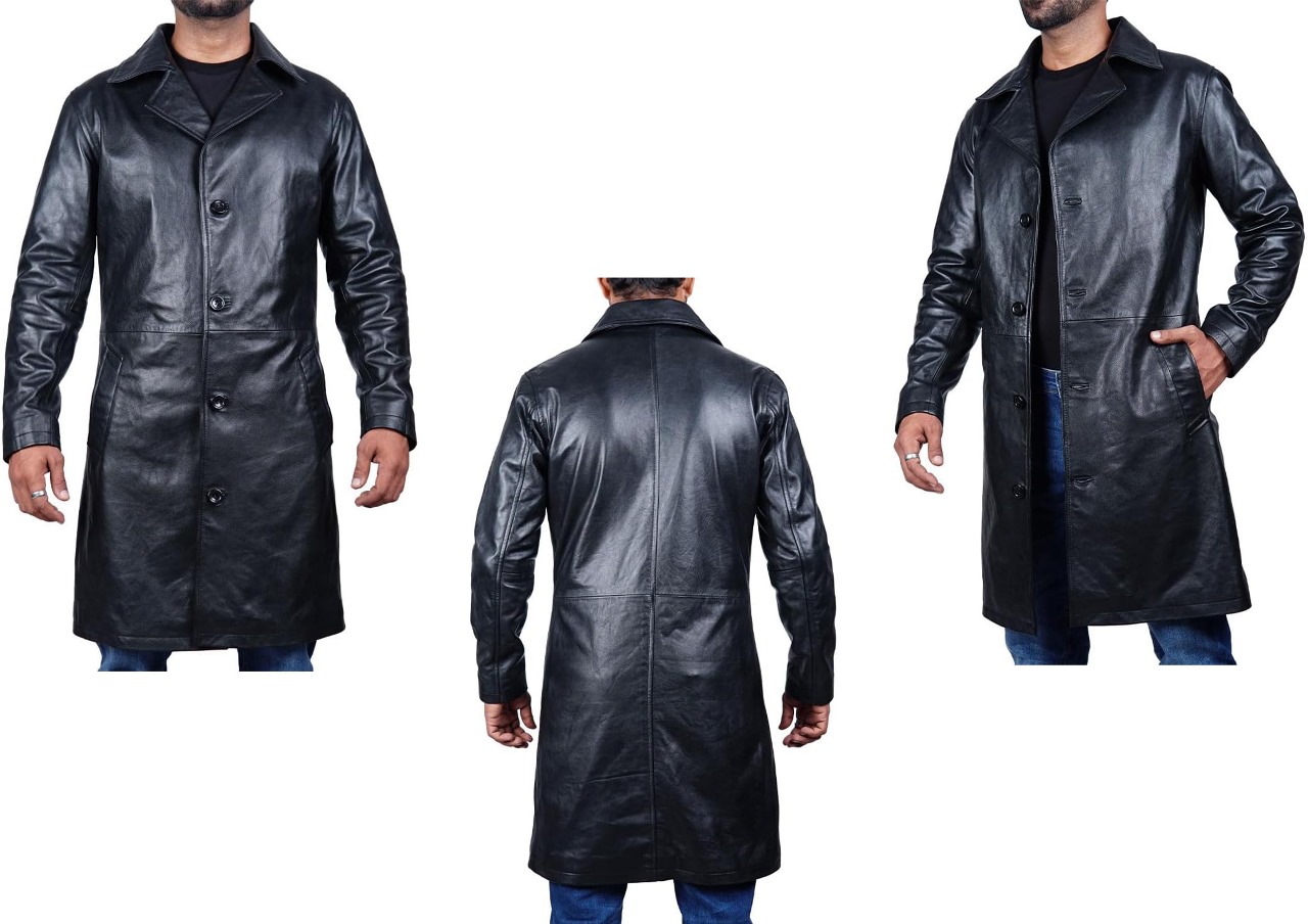 Men's Black Leather Long Coat