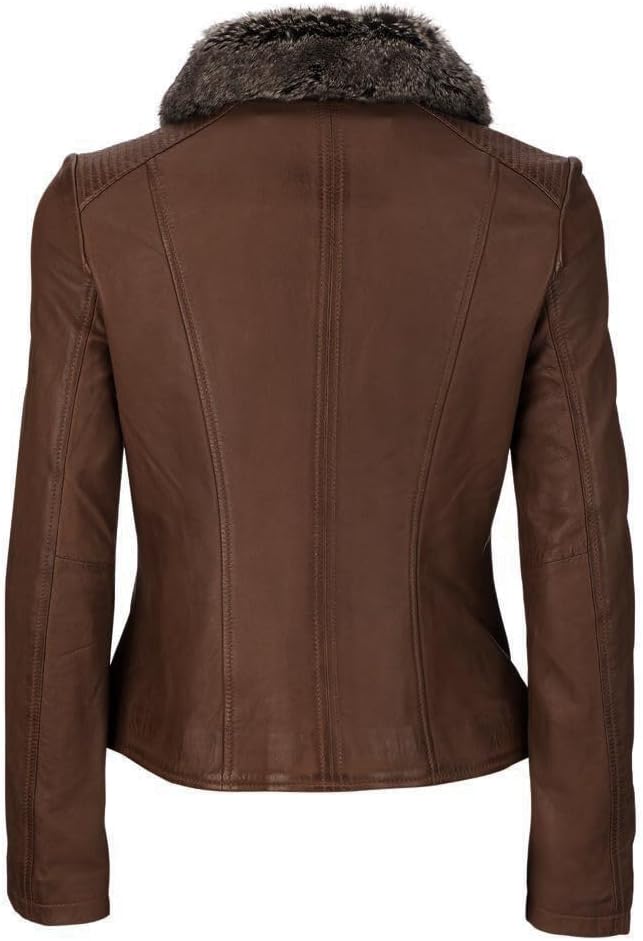 Brown Furry Collar Leather Jacket - KL24