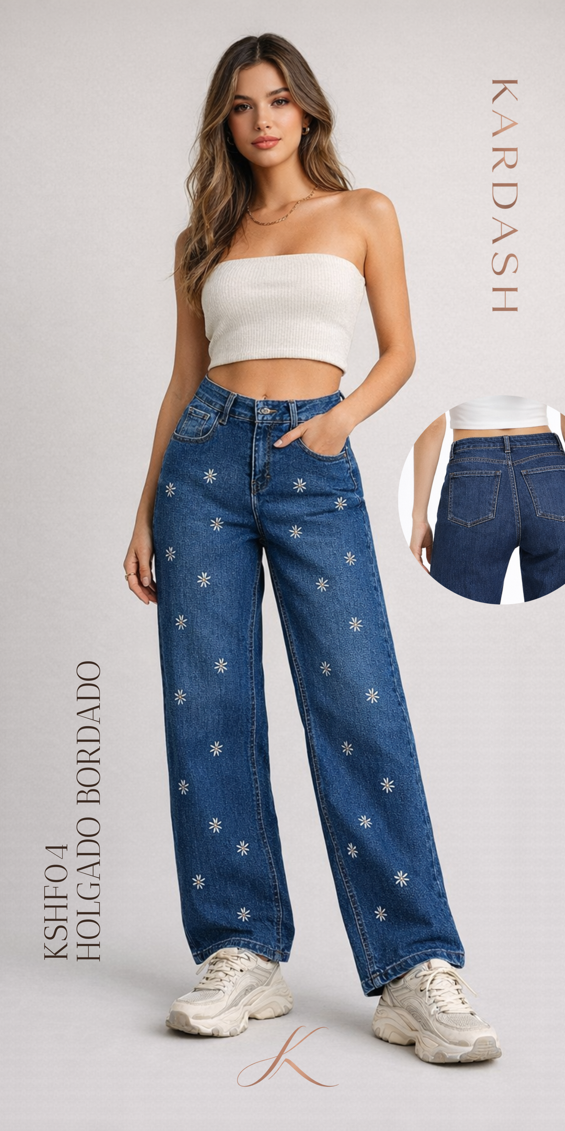 Jeans Dama Holgados Con Bordados De Flor - Azul Medio