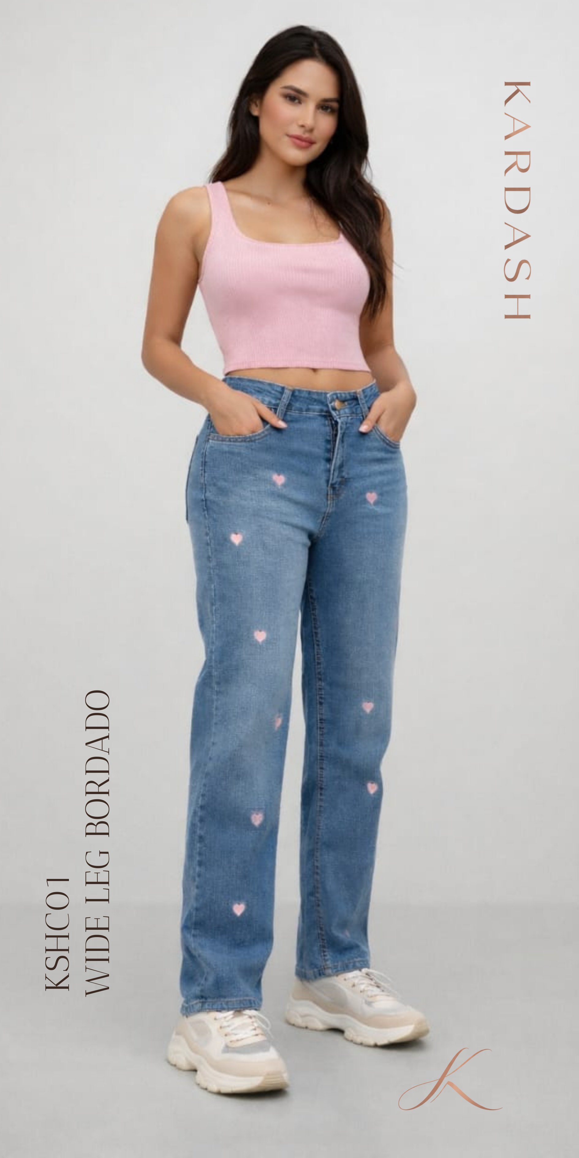 Jeans Wide Leg Con Bordados De Corazón - Azul Claro