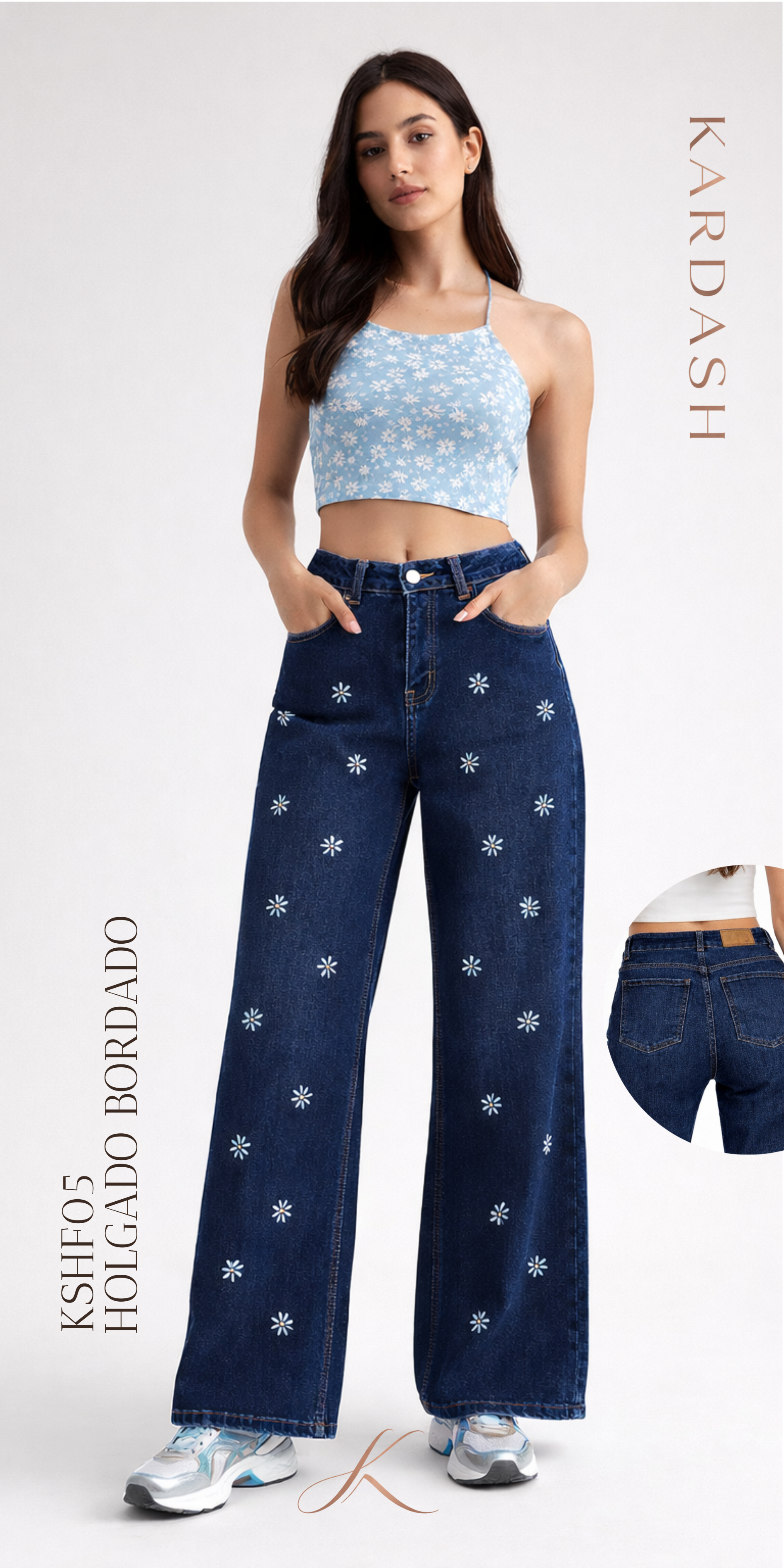 Jeans Dama Holgados Con Bordados De Flor - Azul Fuerte
