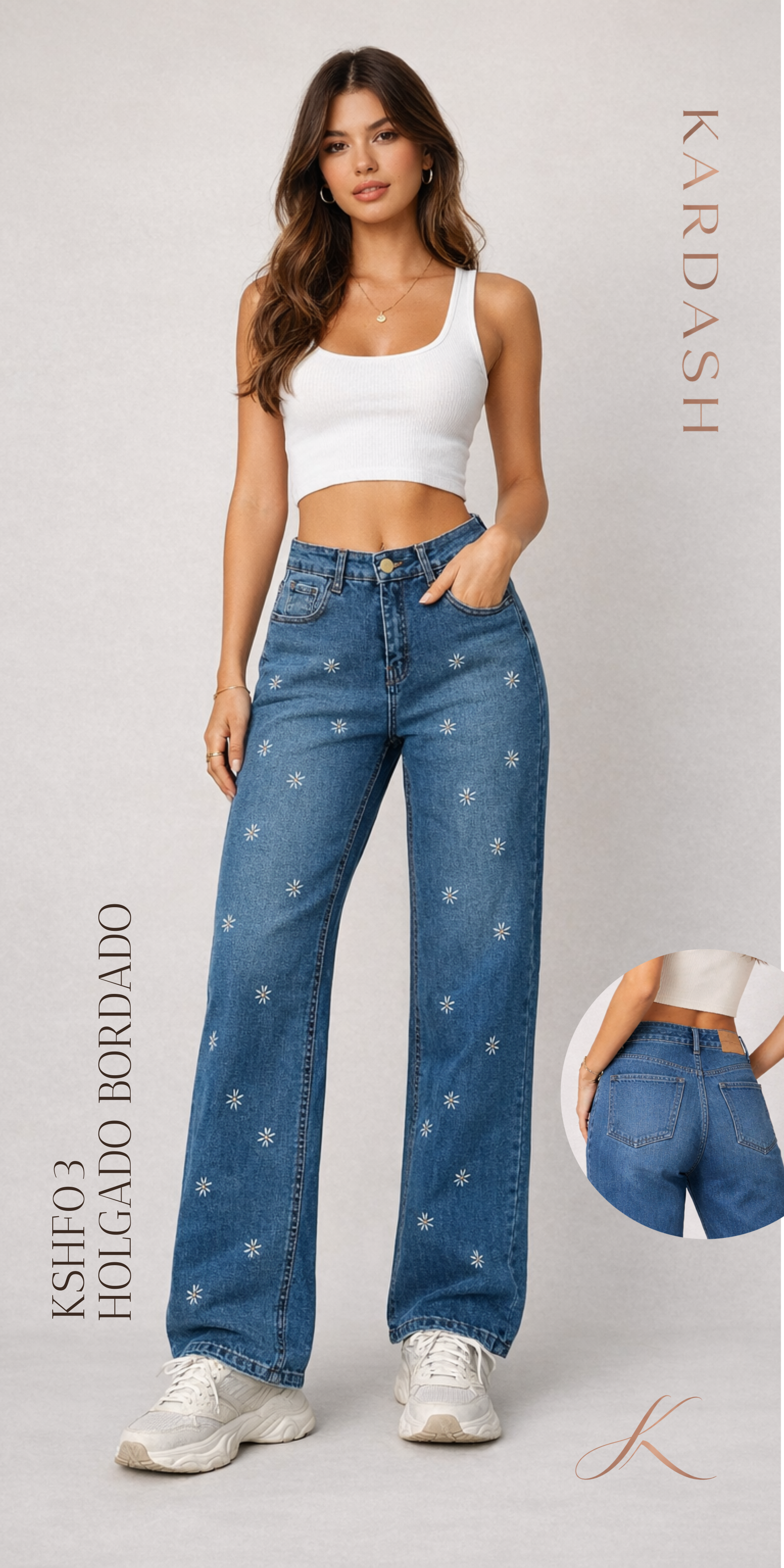 Jeans Dama Holgados Con Bordados De Flor - Azul Claro