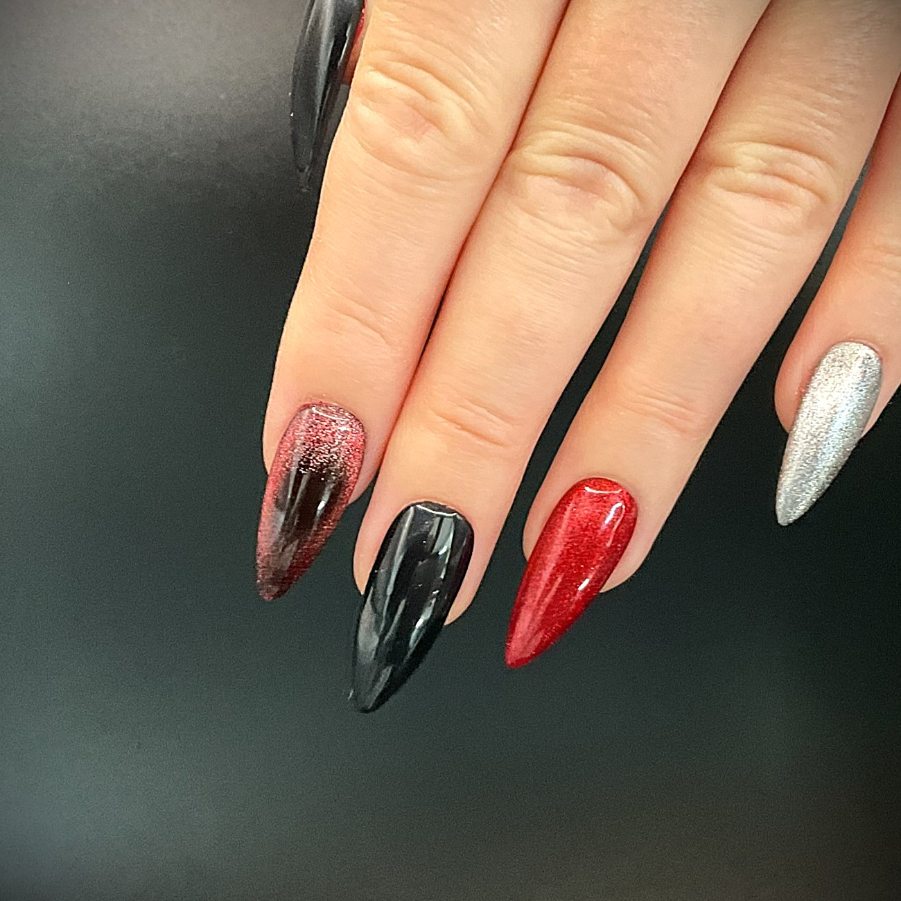 Red and silver chrome, black and cat eye mix - Stiletto Medium