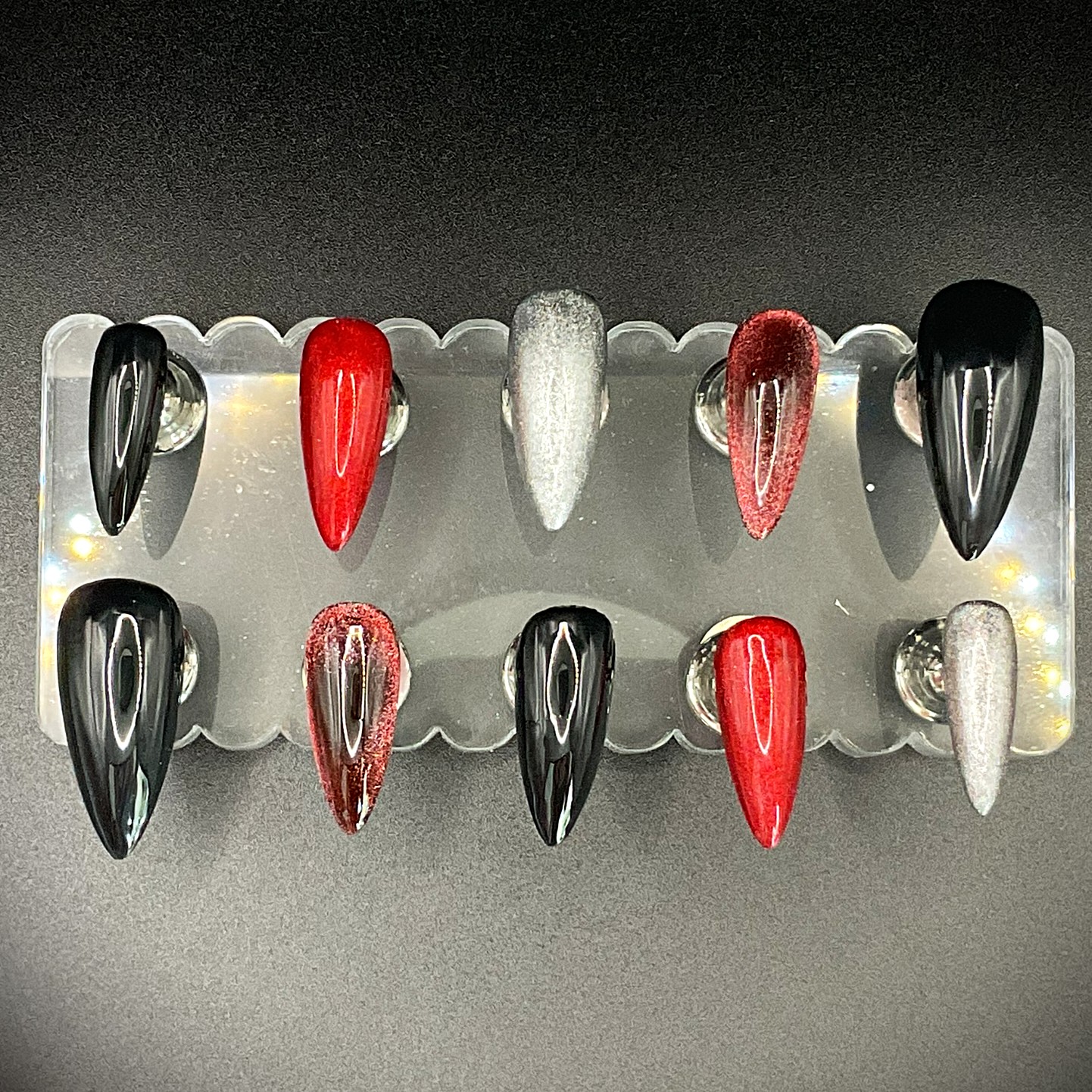 Red and silver chrome, black and cat eye mix - Stiletto Medium