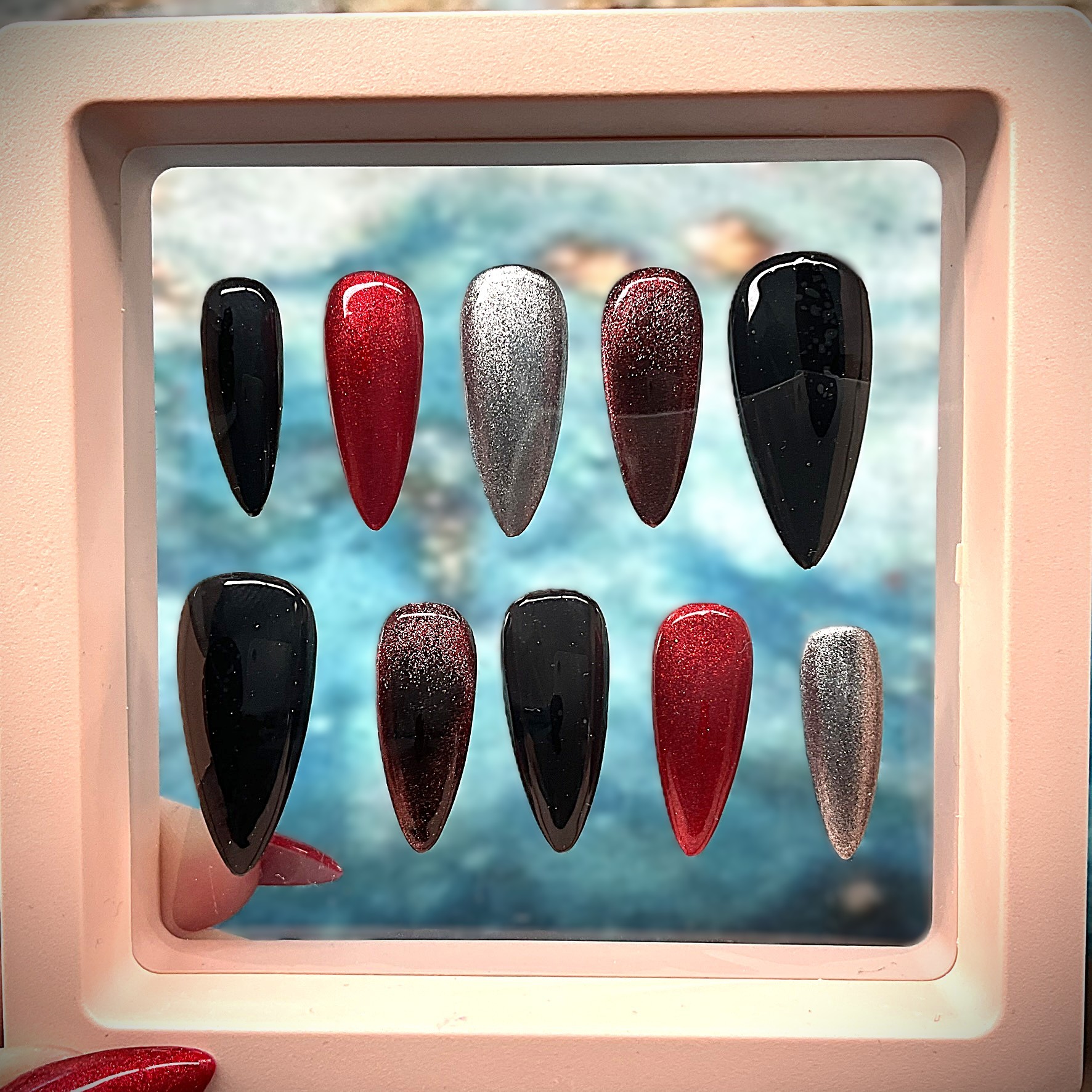Red and silver chrome, black and cat eye mix - Stiletto Medium